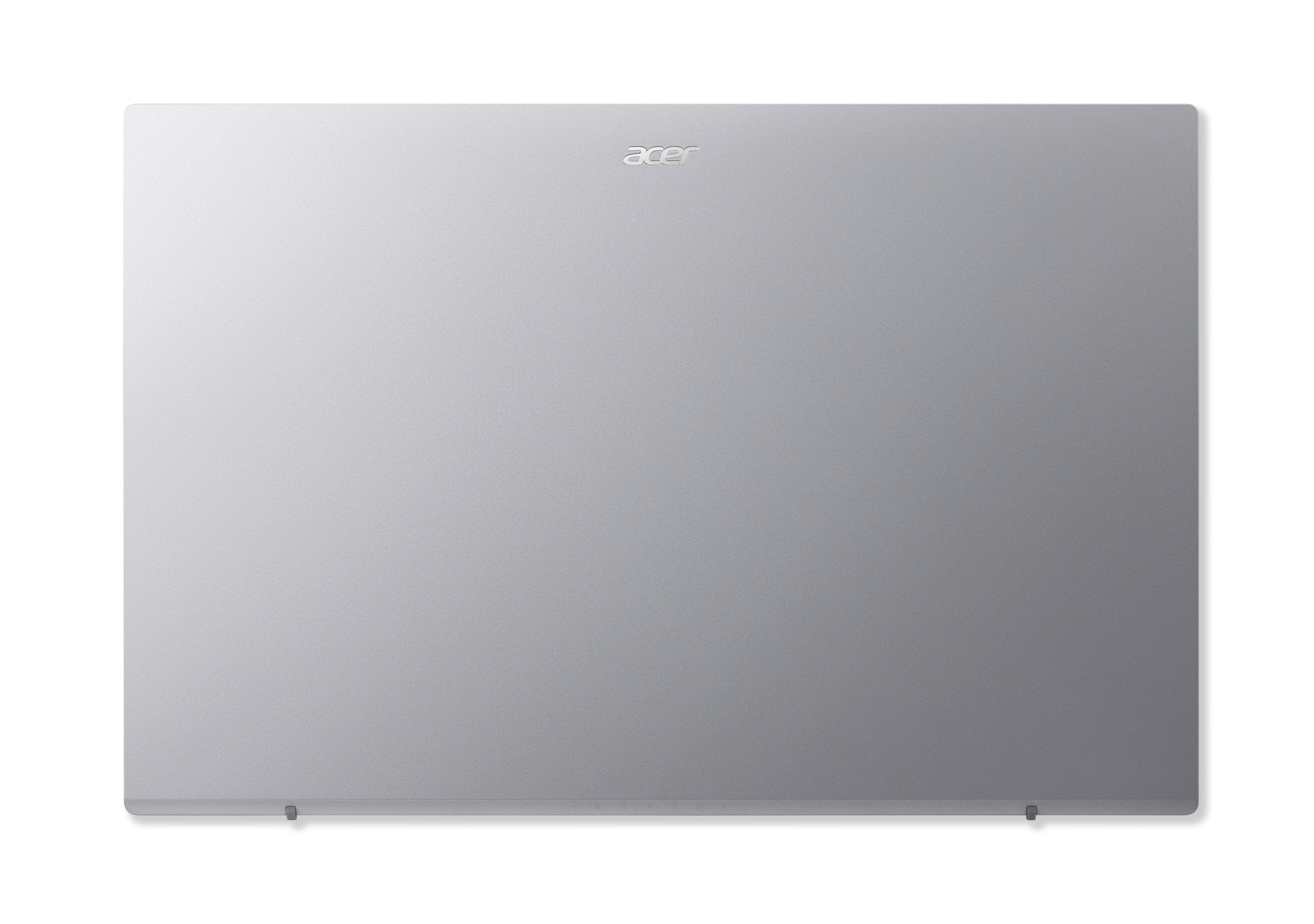 Geschlossener silberner Acer Laptop auf weißem Hintergrund, mit Logo.