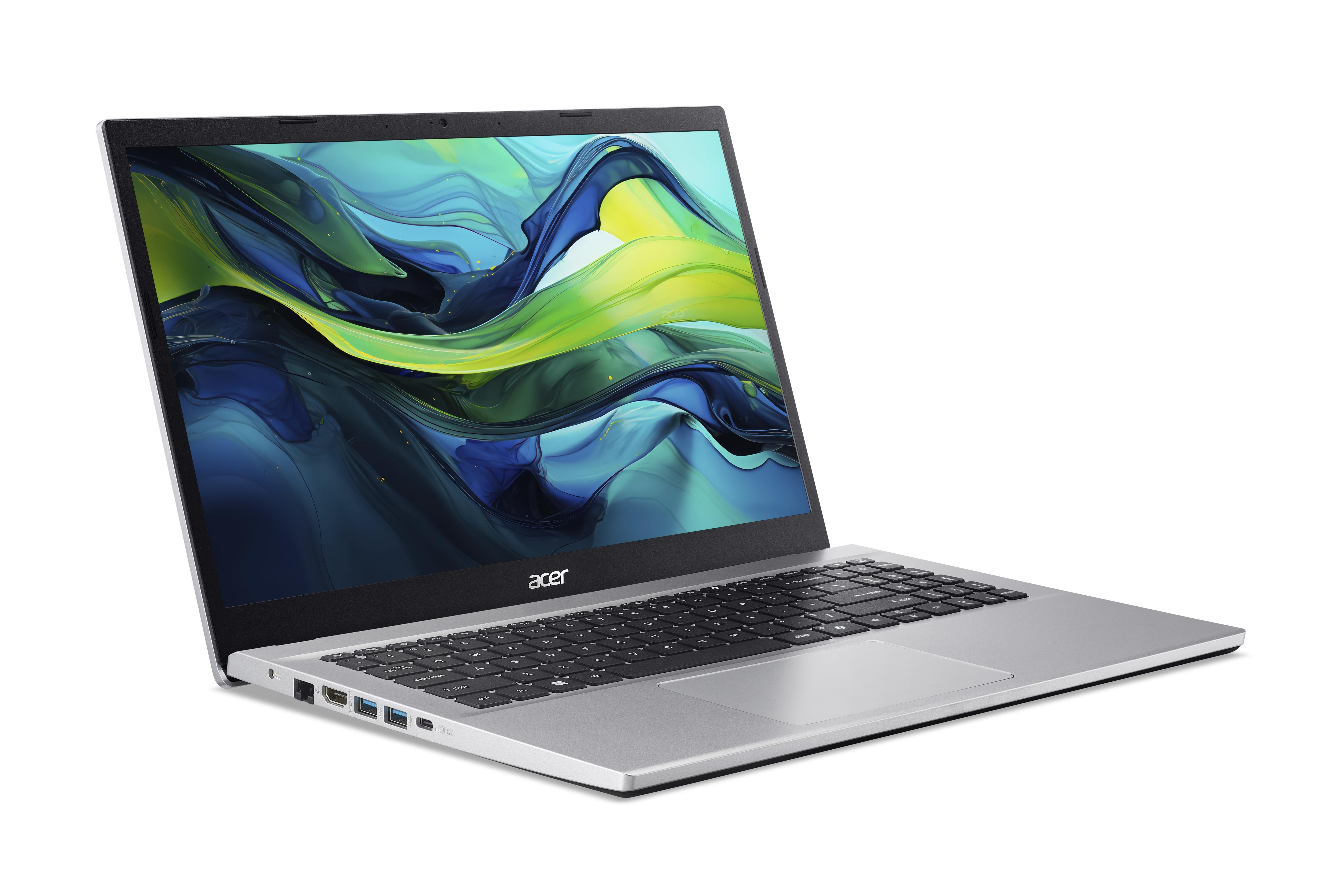 Ein silberner Acer Laptop mit einem bunten abstrakten Hintergrund auf dem Bildschirm.