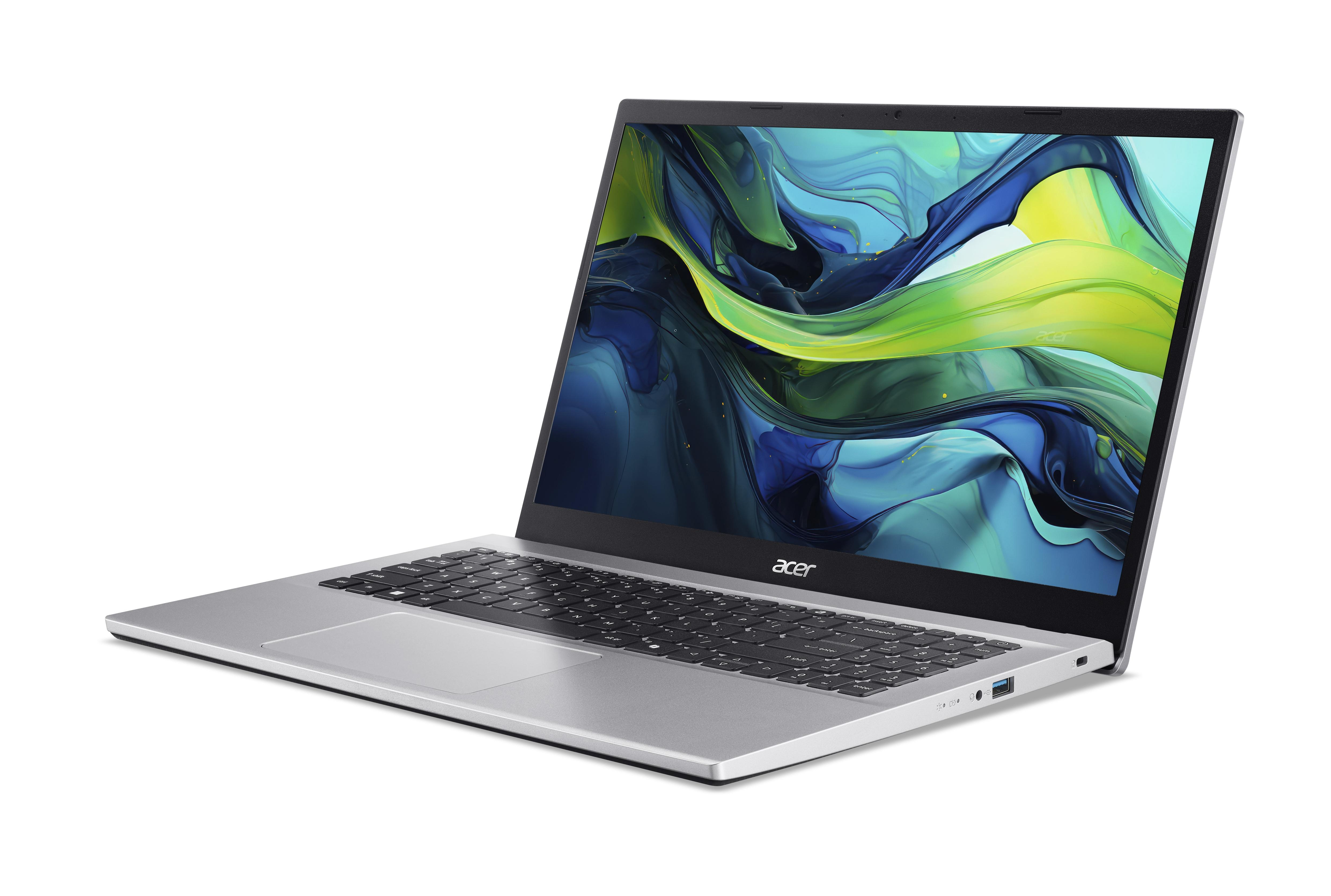 Ein silberner Acer Laptop mit einem abstrakten Desktop-Hintergrund in Blau und Grün.