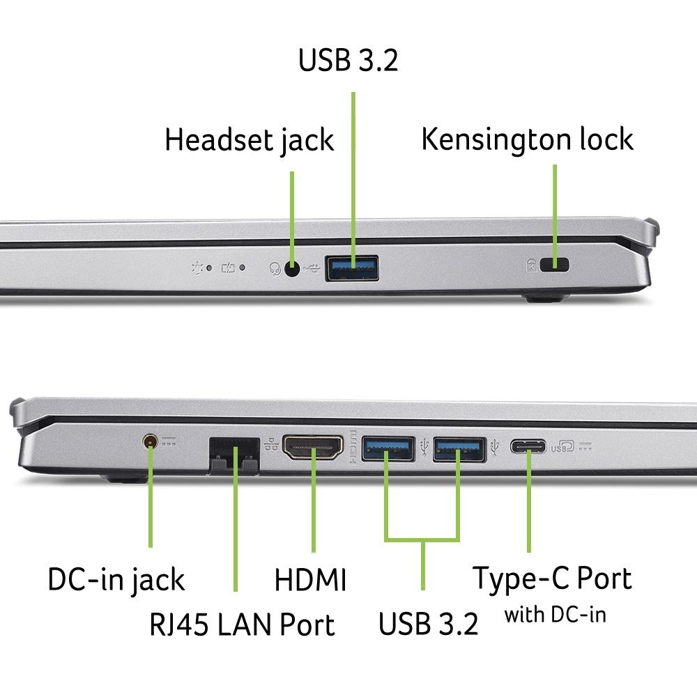 Laptop Anschlüsse: USB 3.2, Headset, Kensington, DC-in, RJ45, HDMI, USB-C.