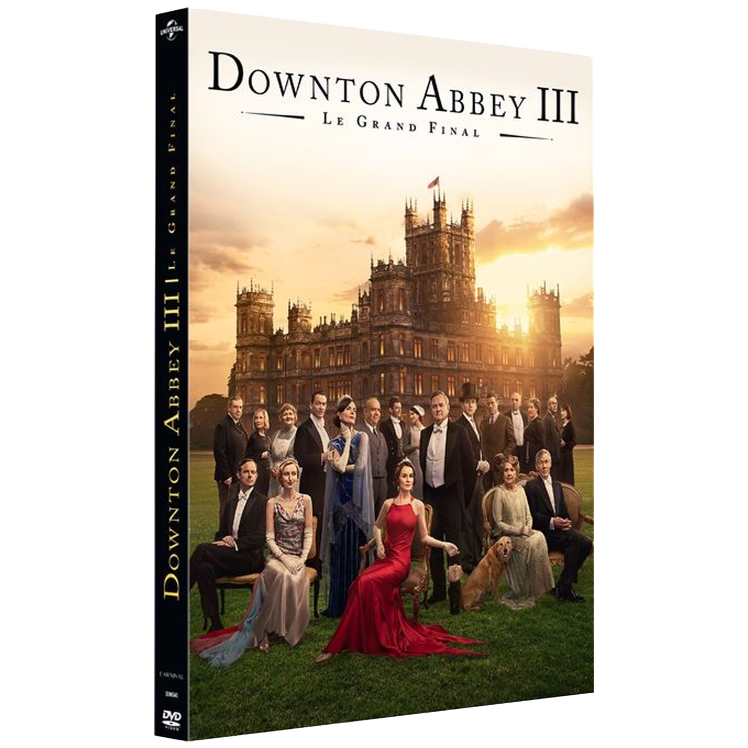 Distribution de Downton Abbey III devant un château au coucher du soleil.