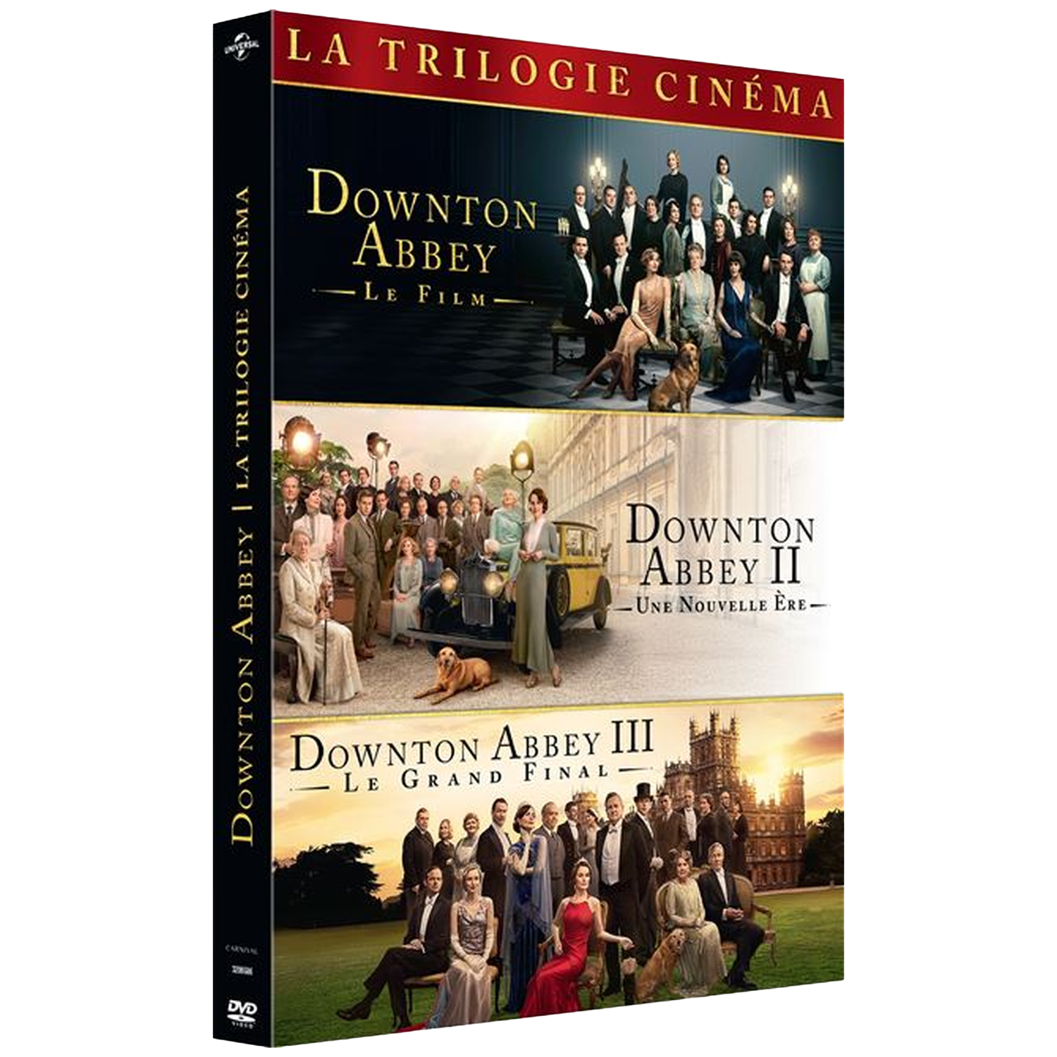 Coffret DVD "Trilogie Downton Abbey": Scènes des films 1, 2 & 3 avec acteurs et château.