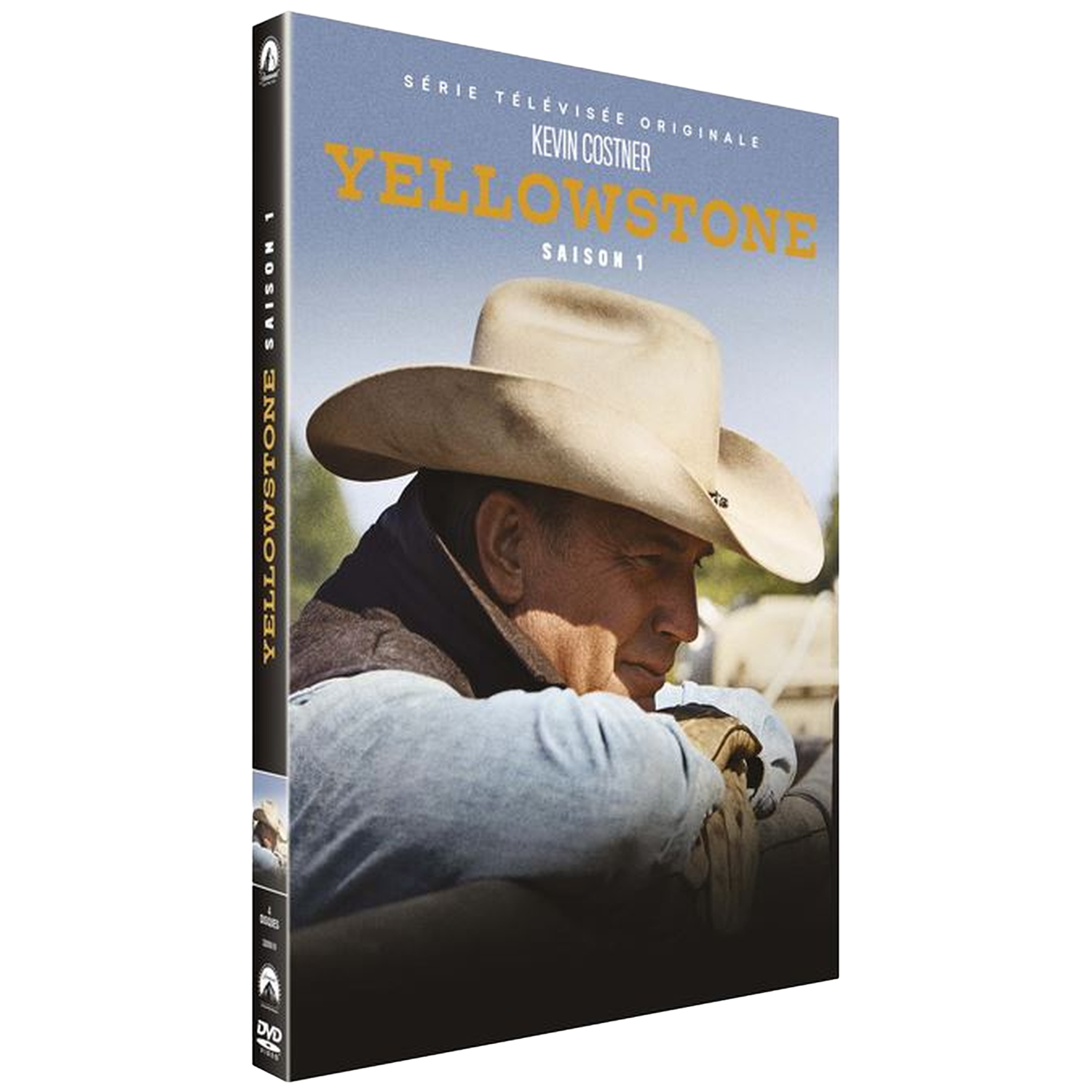 Couverture DVD Yellowstone Saison 1 avec Kevin Costner portant un chapeau.