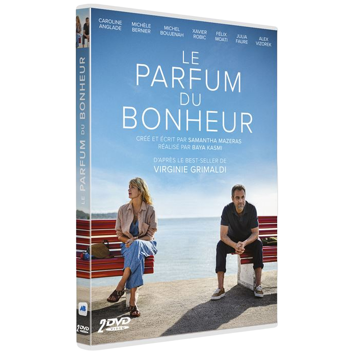 DVD-hoes 'Le Parfum du Bonheur', twee personen zitten op een bankje aan zee.