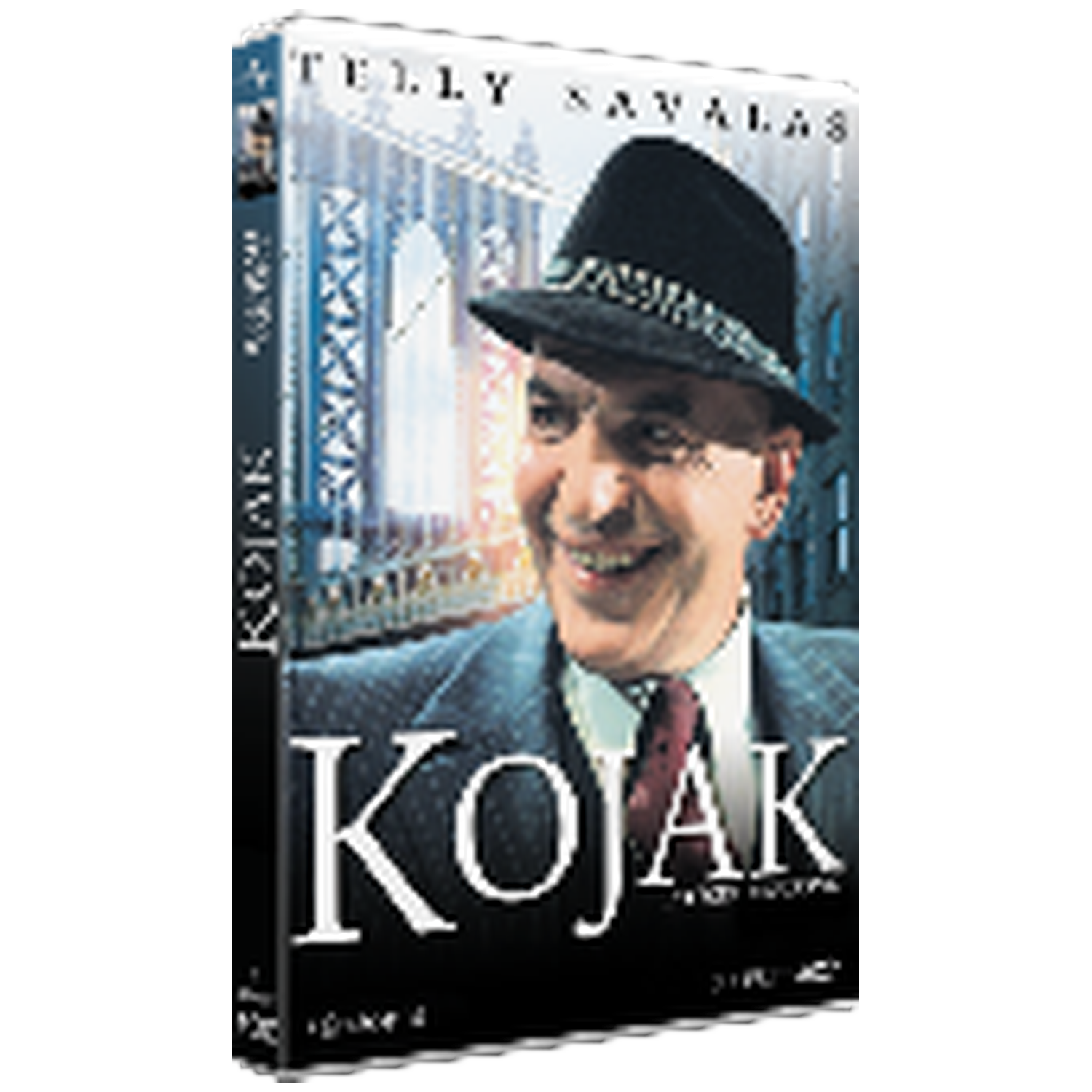 Couverture DVD: Telly Savalas en Kojak porte un chapeau et un costume, skyline de New York.