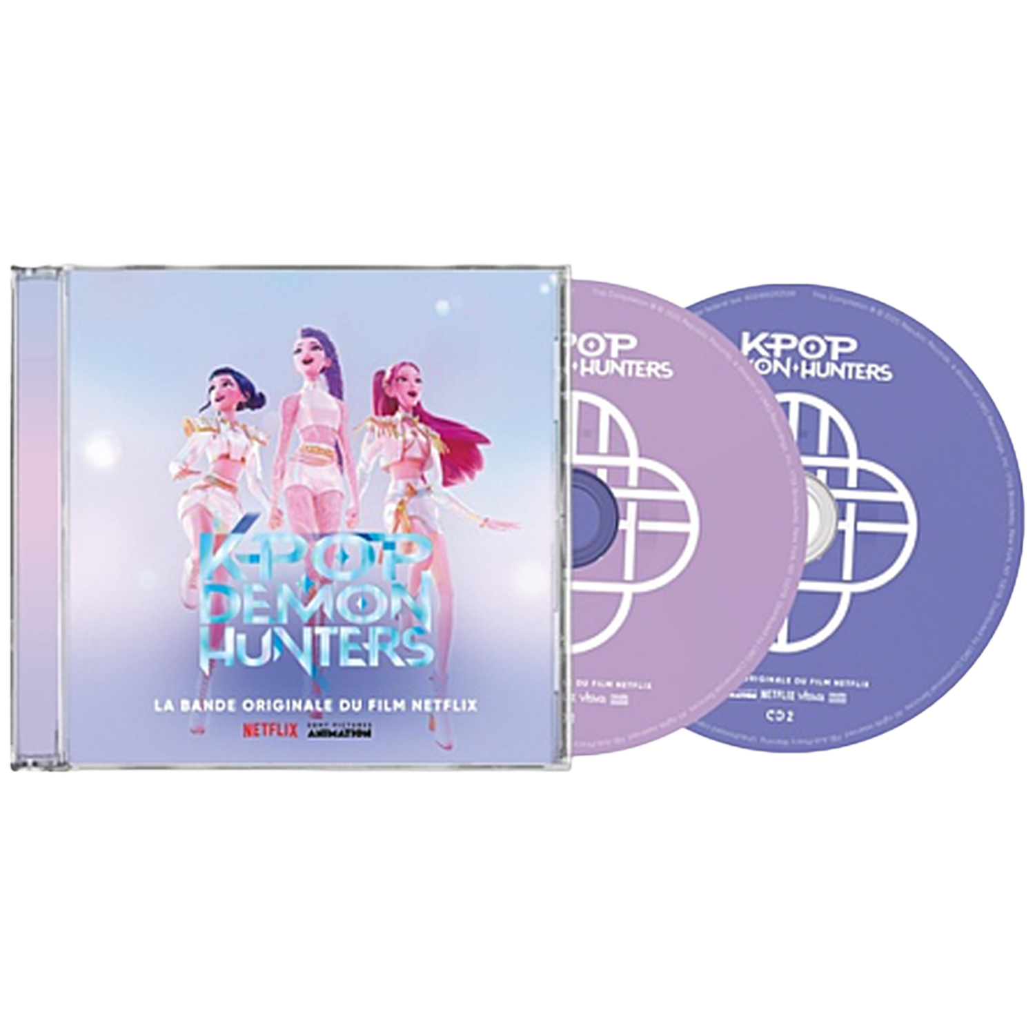 CD-hoes en twee cd's getiteld K-Pop Demon Hunters.