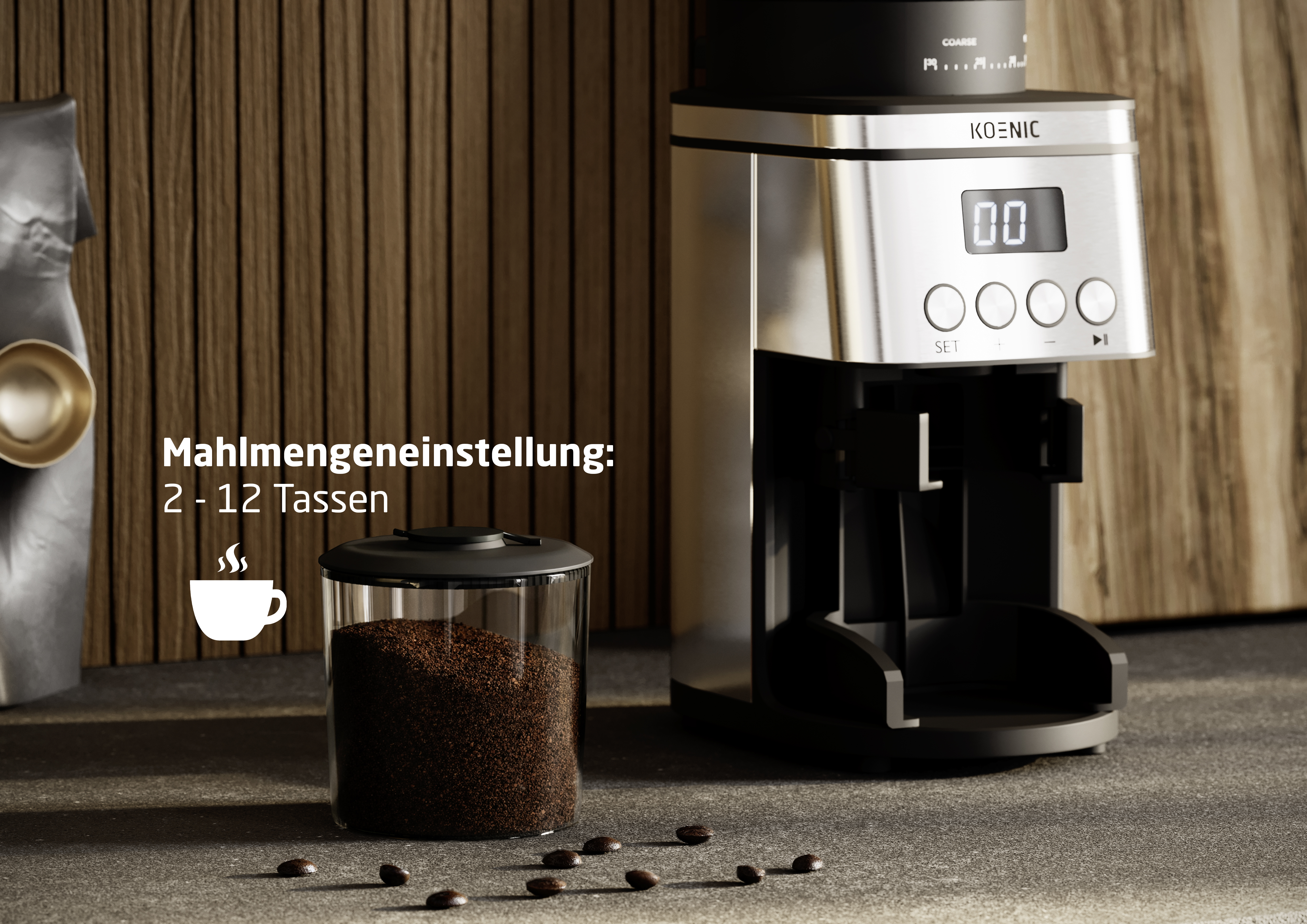 Eine Kaffeemühle mit Behälter für gemahlenen Kaffee und Kaffeebohnen.