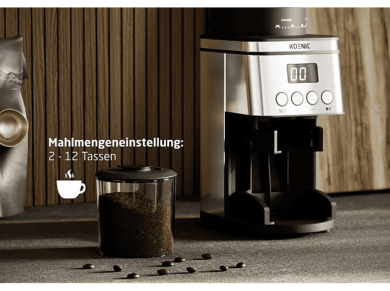 KOENIC KGC 163025 M Kaffeemühle Edelstahl 160 Watt, Kegelmahlwerk