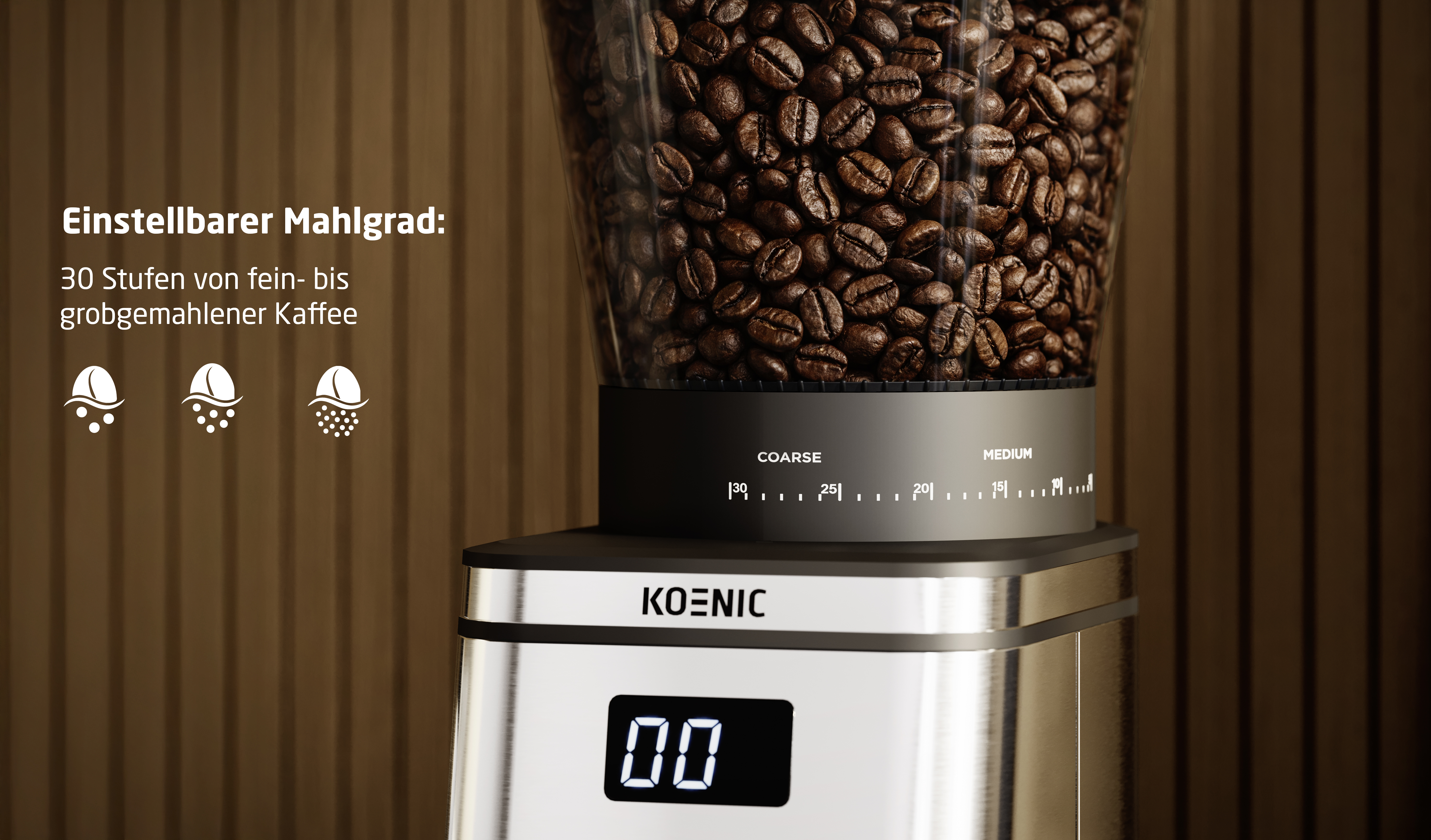 Kaffeemühle mit Bohnenbehälter, digitaler Anzeige und Mahlgradeinstellung.