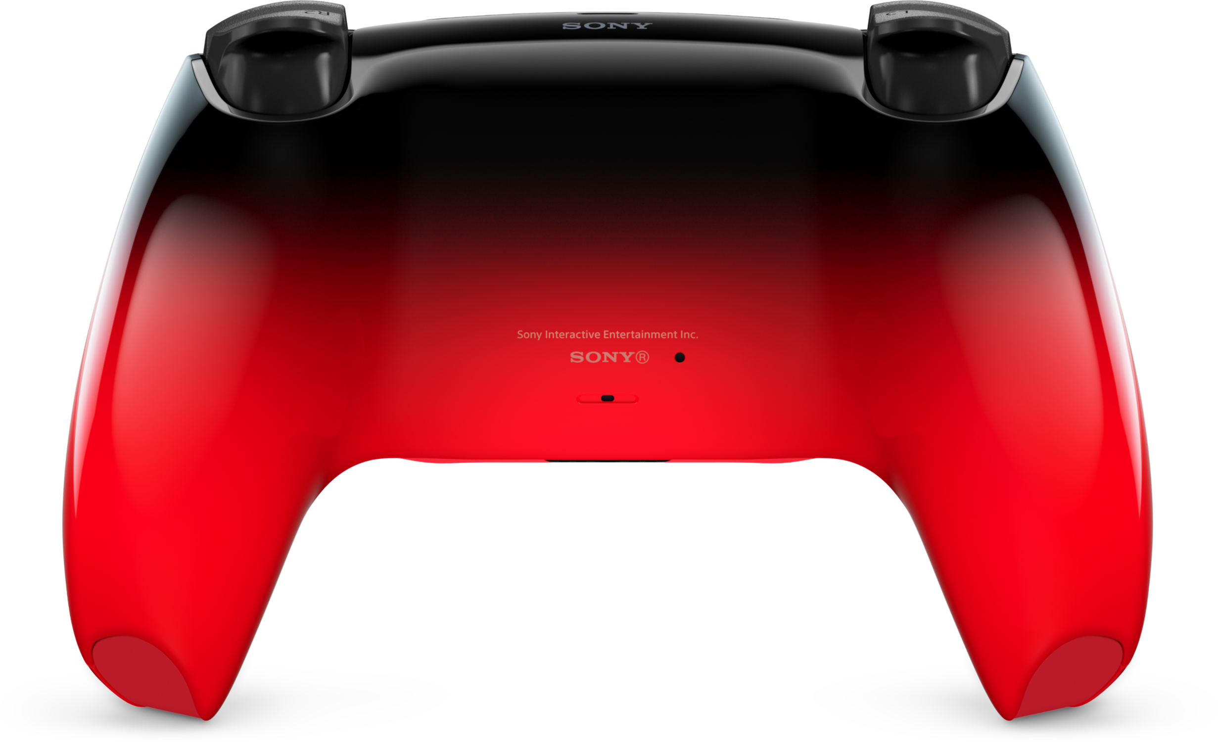 Egy piros és fekete PlayStation 5 kontroller, hátulról.