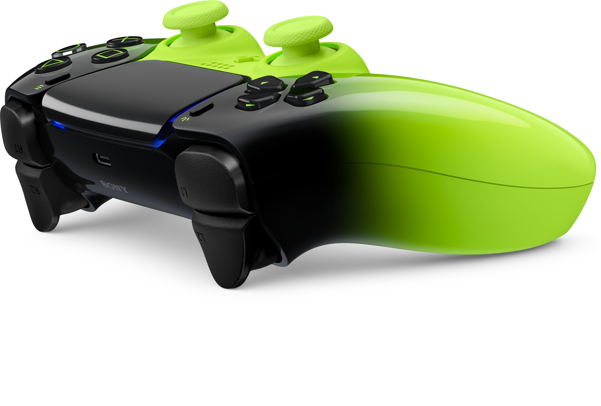 Fényes zöld és fekete kontroller két joystickkel és gombokkal.