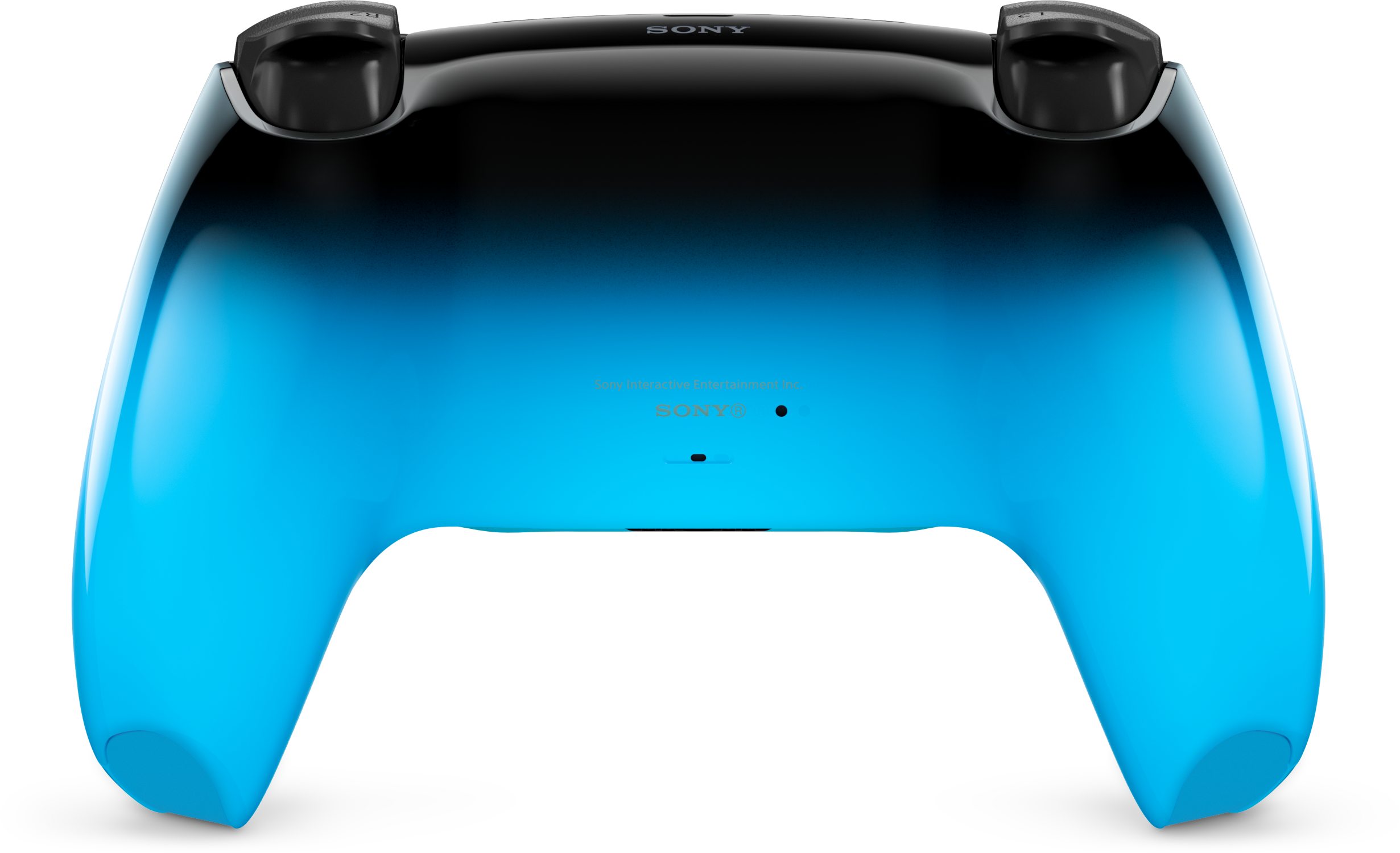 Kék és fekete Sony kontroller, átmenetes színnel és fényes felülettel.