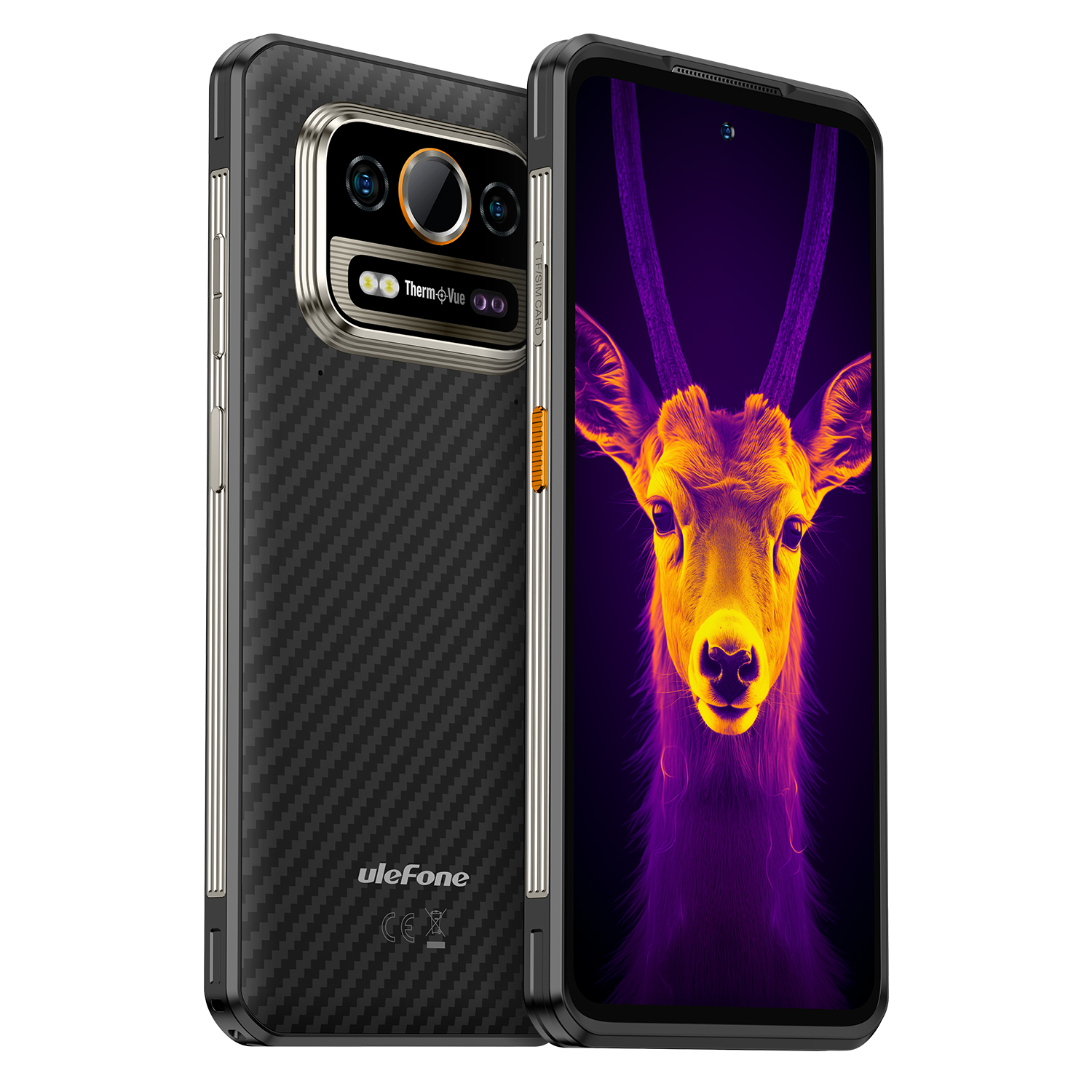 Fekete, strapabíró telefon szénszálas hátlappal, képernyőn szarvas termálképe látható.
