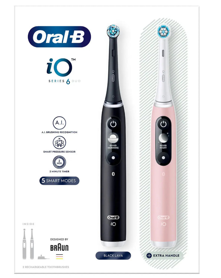 Dwa elektryczne szczoteczki do zębów Oral-B iO Series 6 Duo, czarna i różowa.