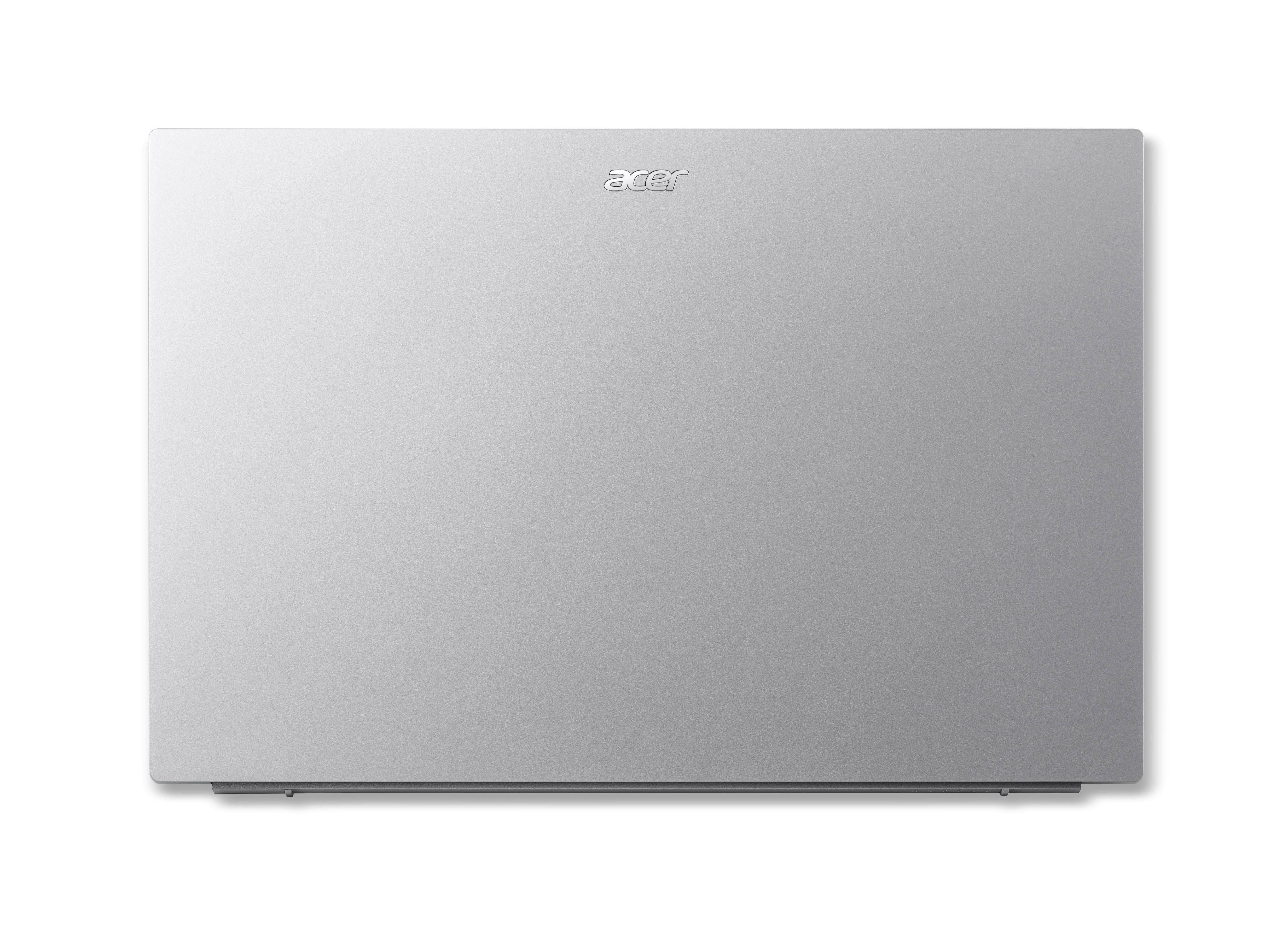 Ein geschlossenes silbernes Acer-Laptop, von oben gesehen, mit dem Logo in der Mitte.
