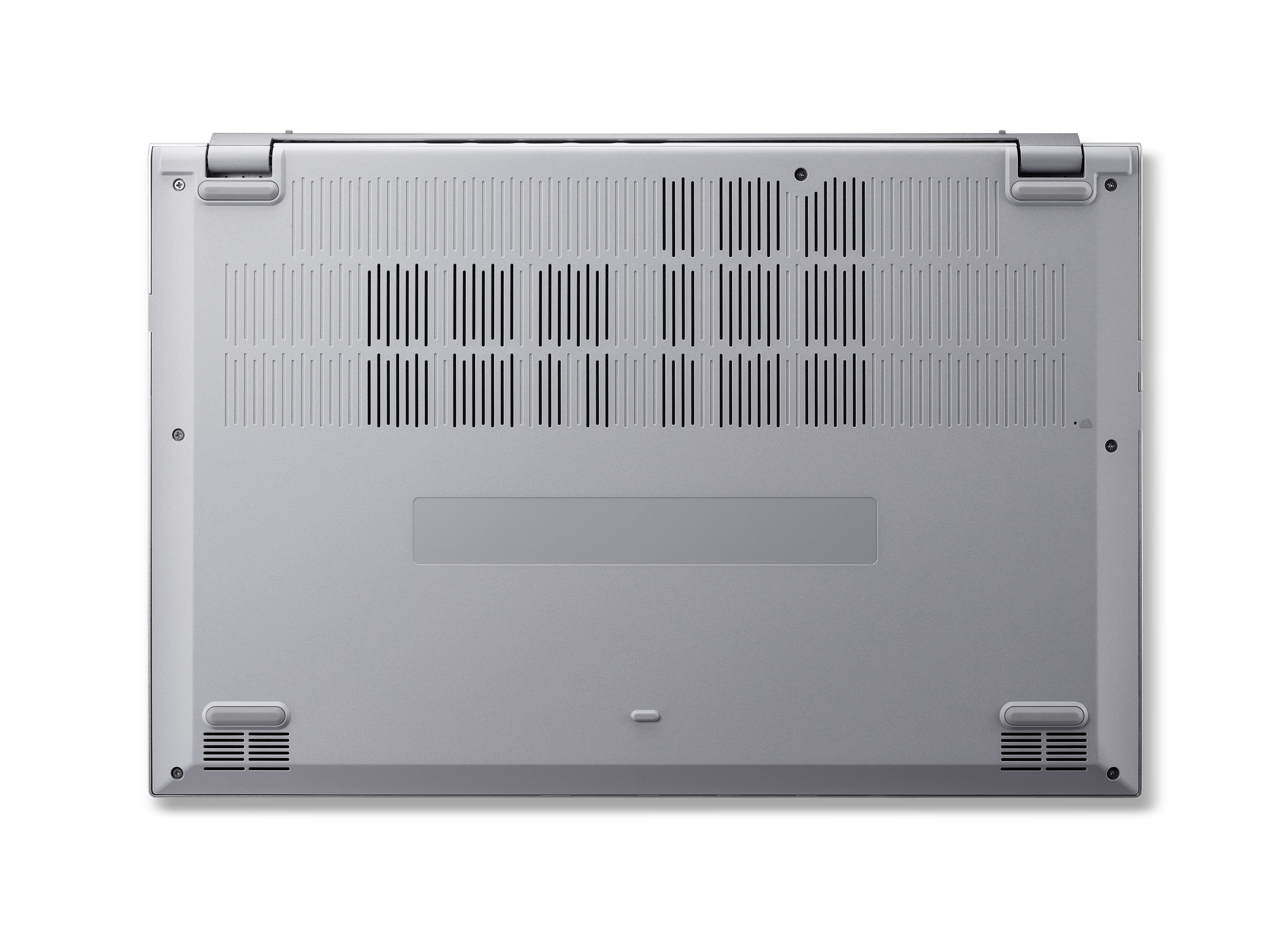Rückseite eines silbernen Laptops mit Lüftungsschlitzen und Schrauben.