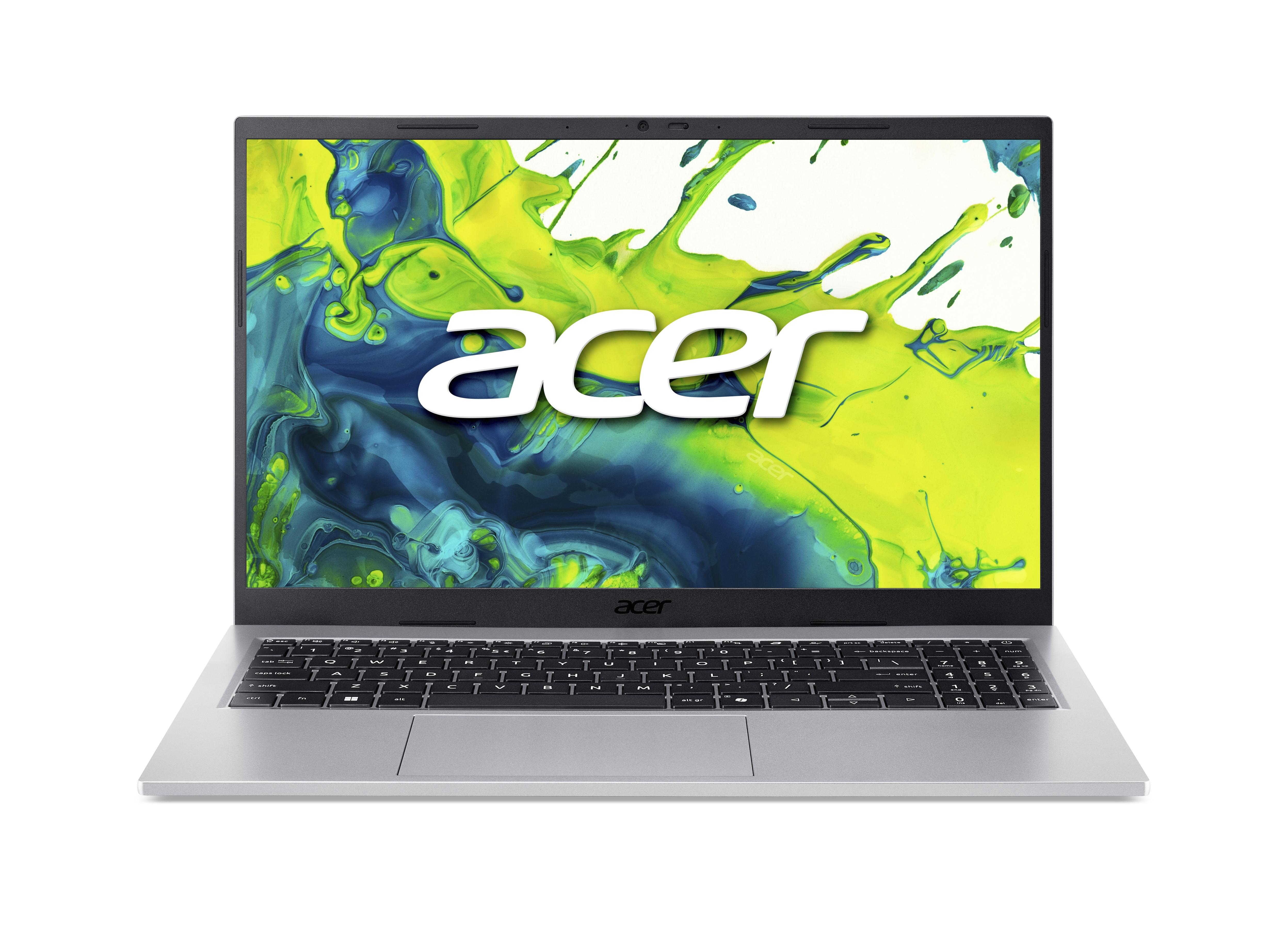 Ein silberner Acer Laptop mit einem abstrakten grünen und blauen Hintergrund.