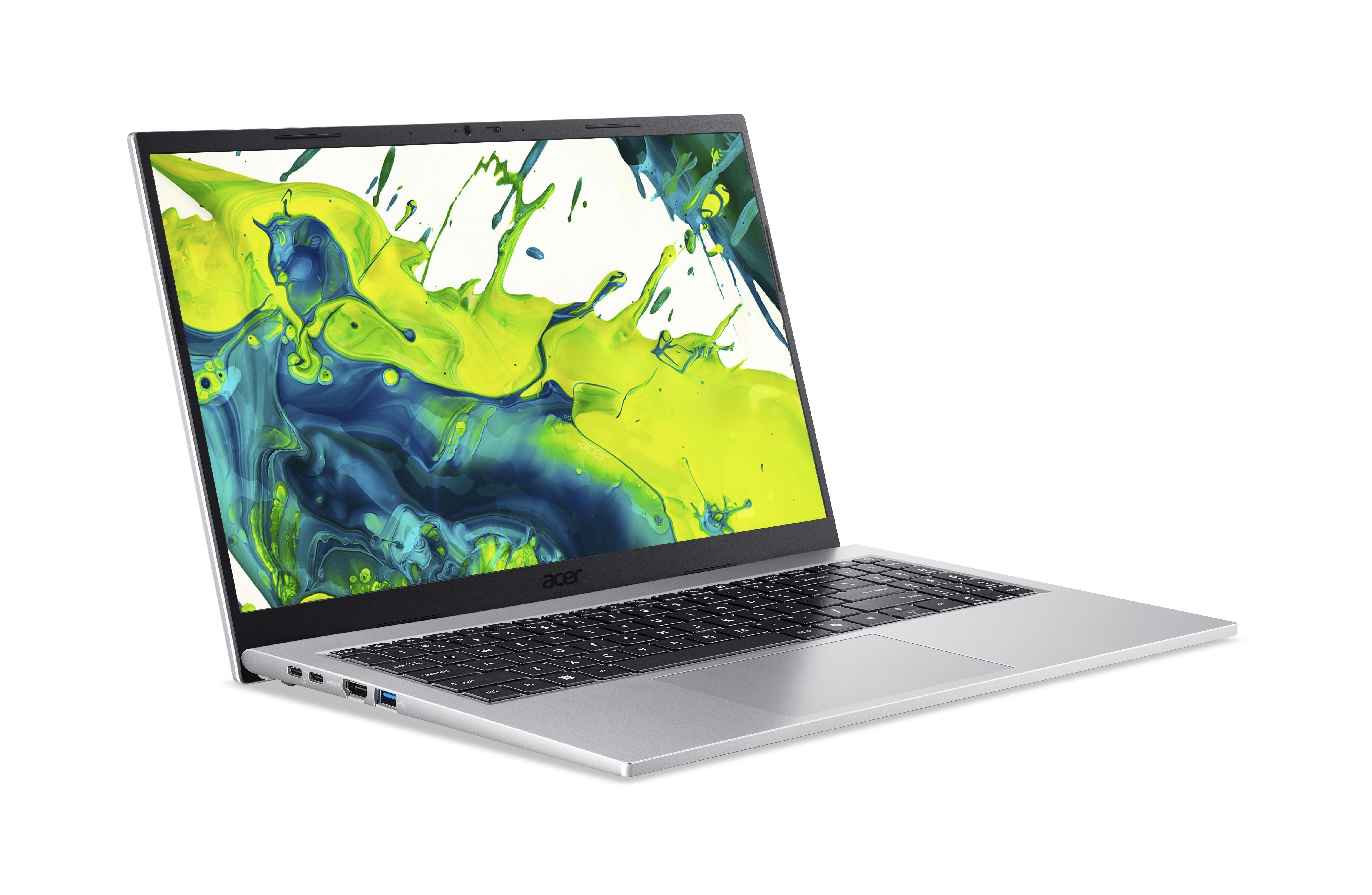 Ein silberner Laptop mit einem bunten Hintergrund auf dem Bildschirm.