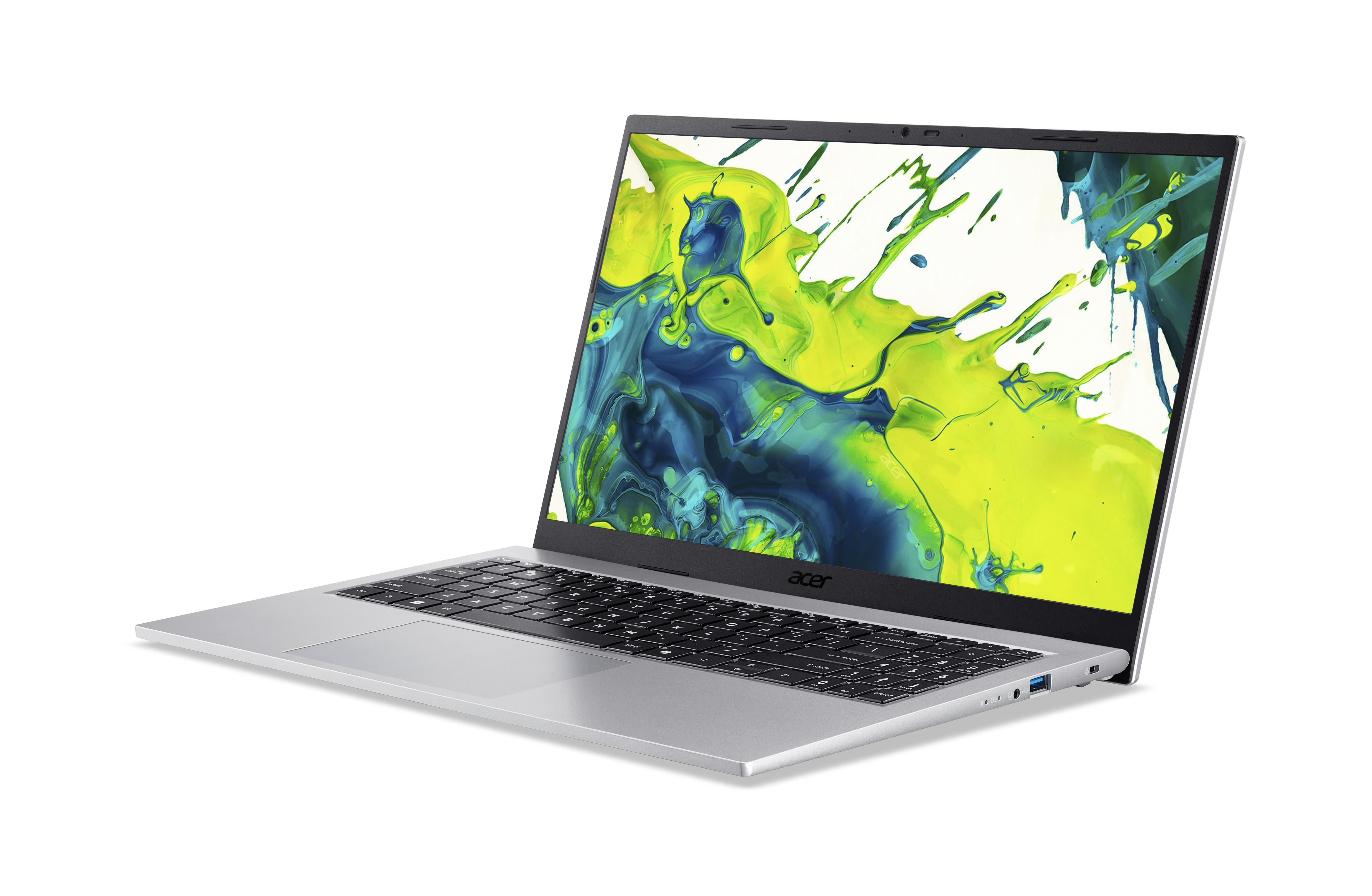 Ein silberner Acer Laptop mit einem bunten Splash-Art-Hintergrund auf dem Bildschirm.