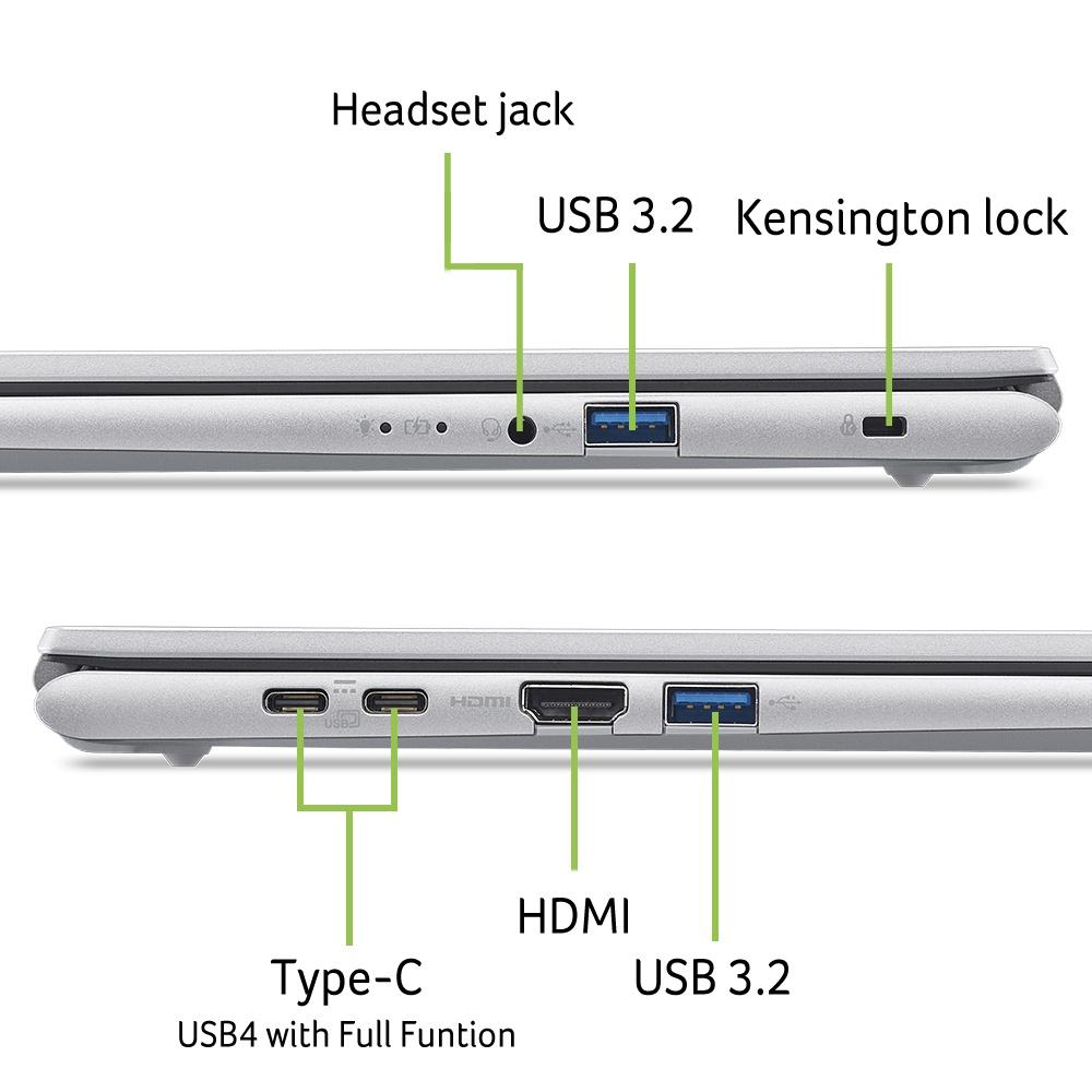 Laptop-Anschlüsse: Kopfhöreranschluss, USB 3.2, Kensington-Schloss, Typ-C, HDMI.