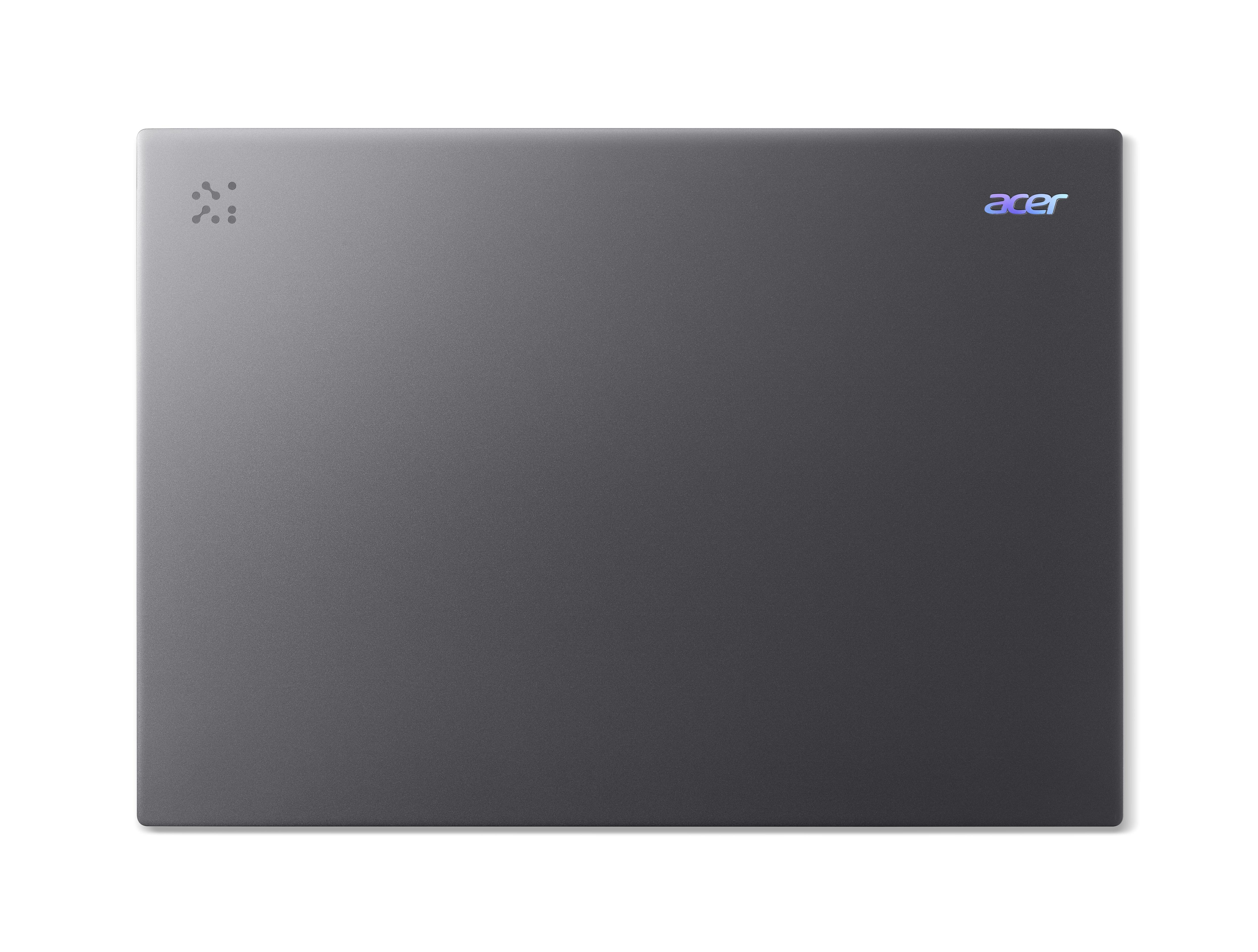 Grauer Laptop mit Acer-Logo und kleinem Muster oben links.