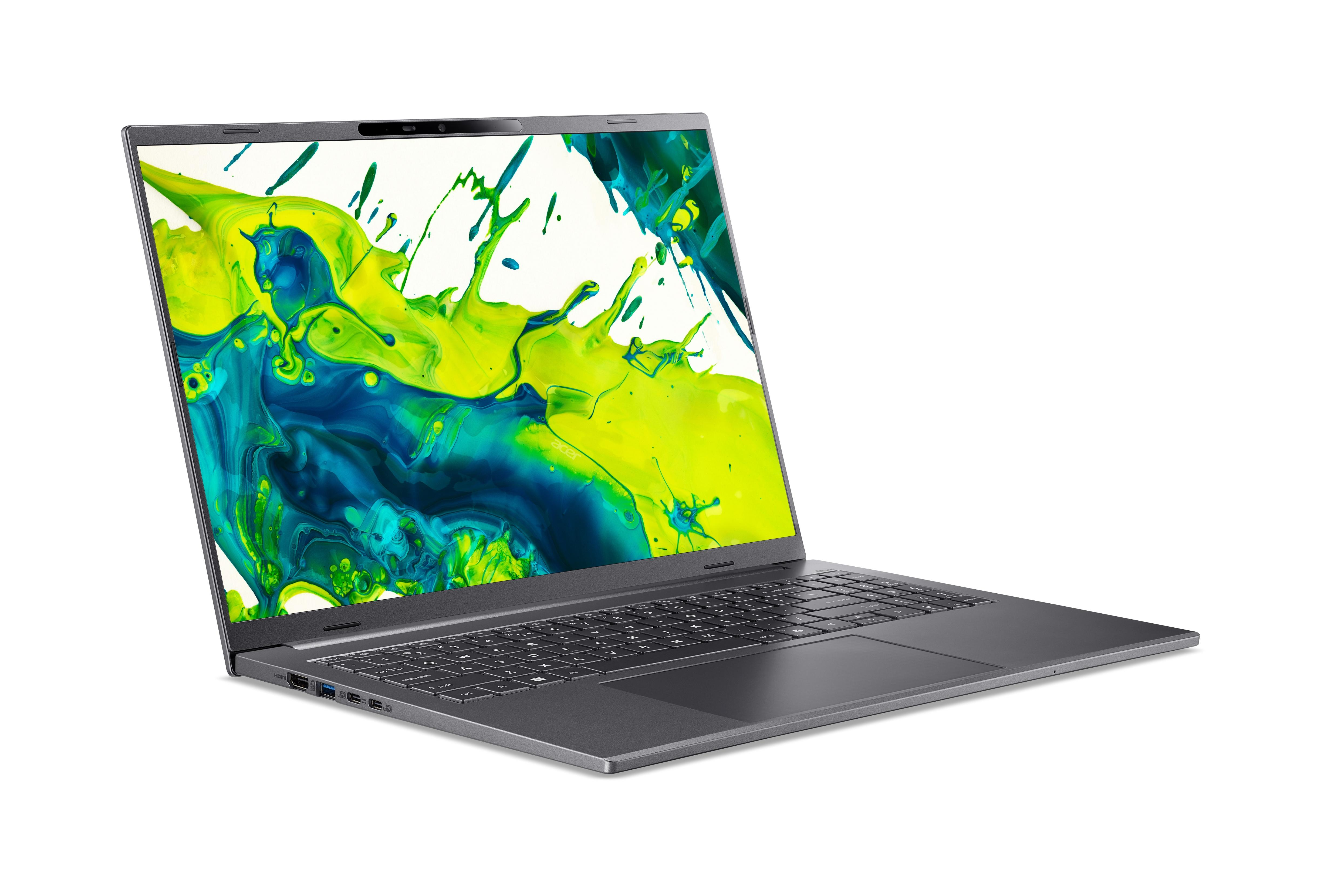 Ein dunkler Laptop mit einem bunten Hintergrund auf dem Bildschirm, der wie Farbe aussieht.