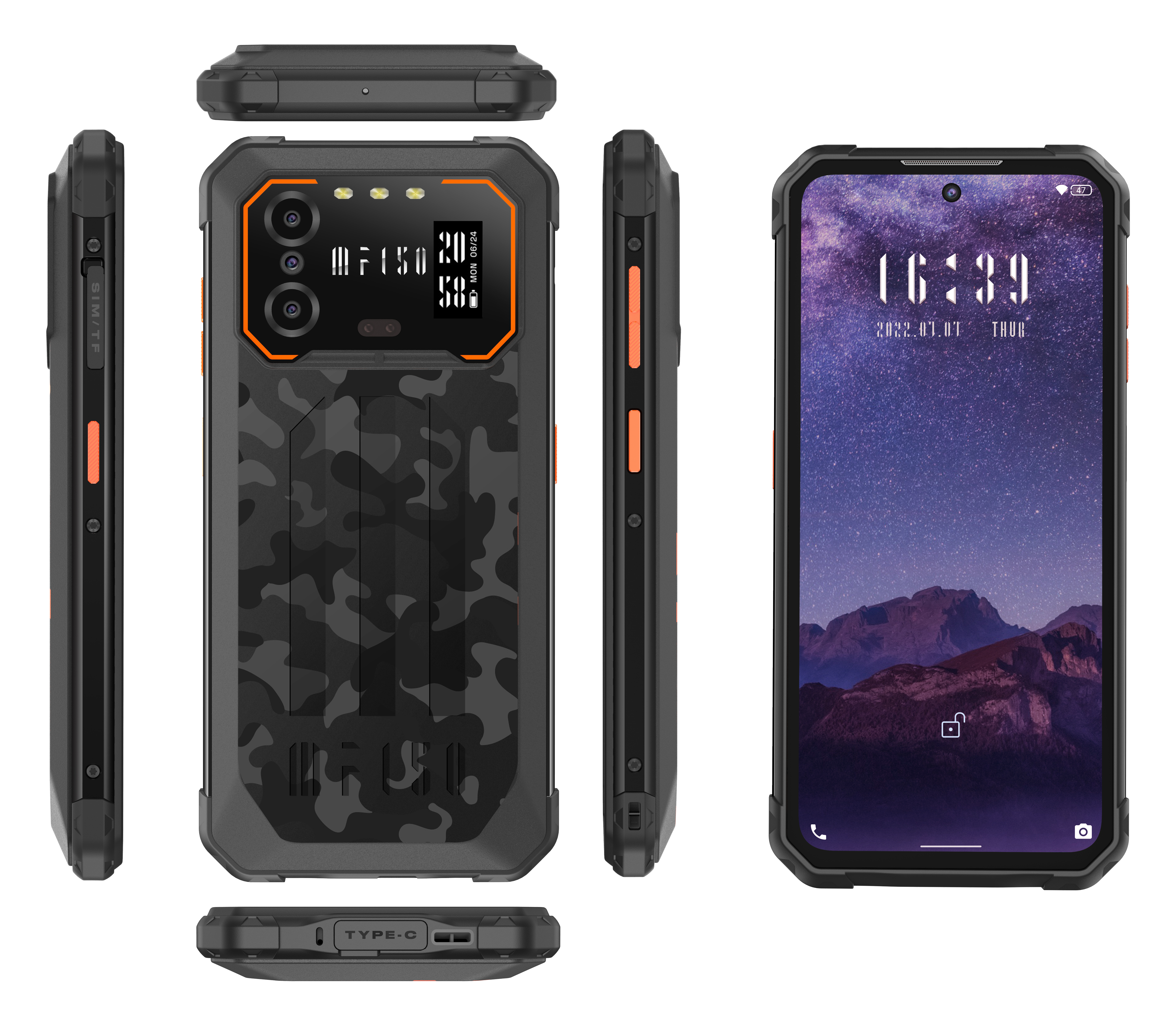 Wytrzymały smartfon z motywem kamuflażu, aparatami i bocznym portem USB-C.