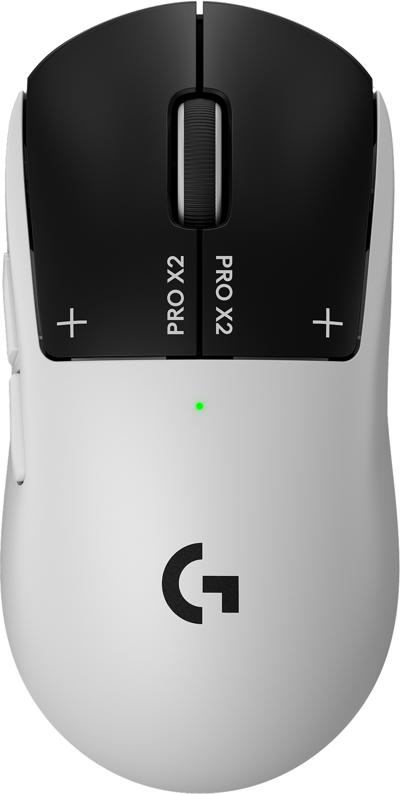 Souris gaming blanche avec molette et boutons noirs. Logo Logitech en bas.