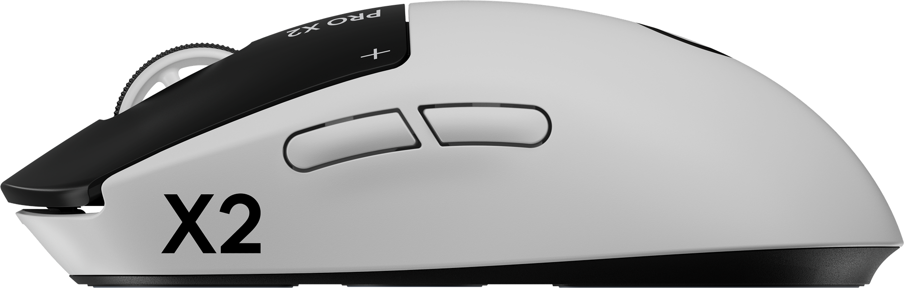 Souris blanche avec molette et boutons noirs. Étiquetée "X2".