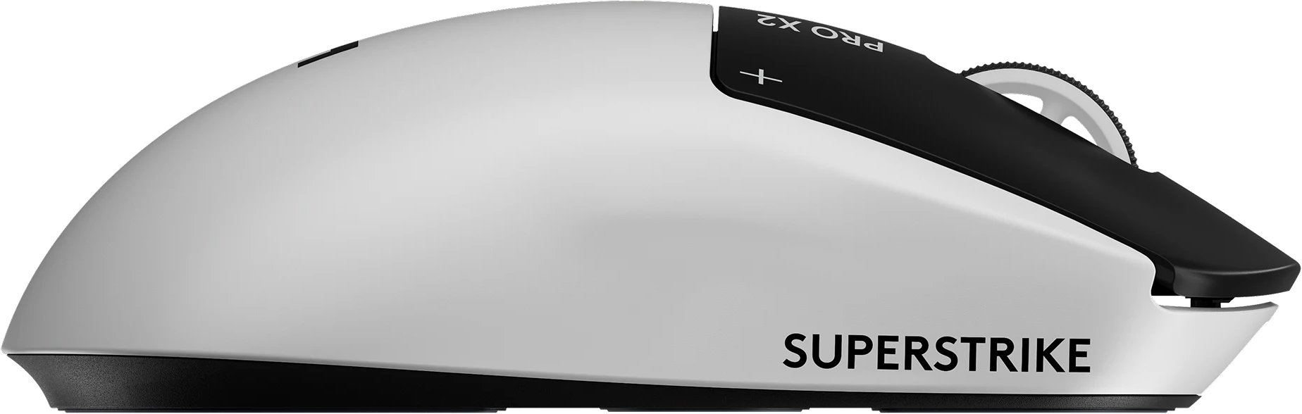 Souris blanche pour jeux vidéo, dessus noir, molette et nom de marque.