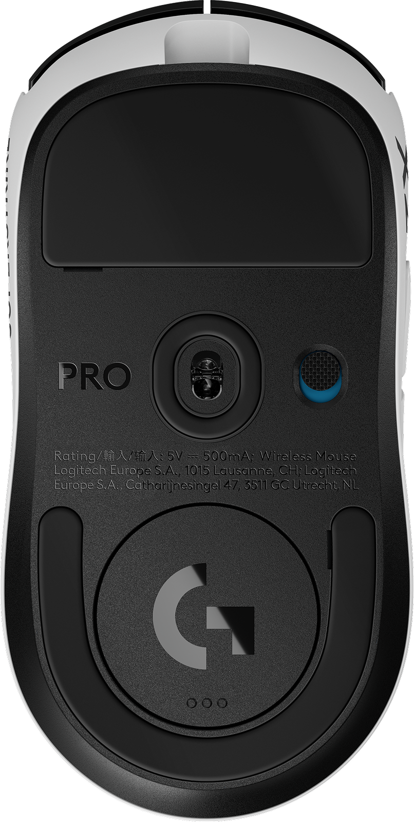 Dessous d'une souris Logitech Pro blanche et noire avec texte et logo.