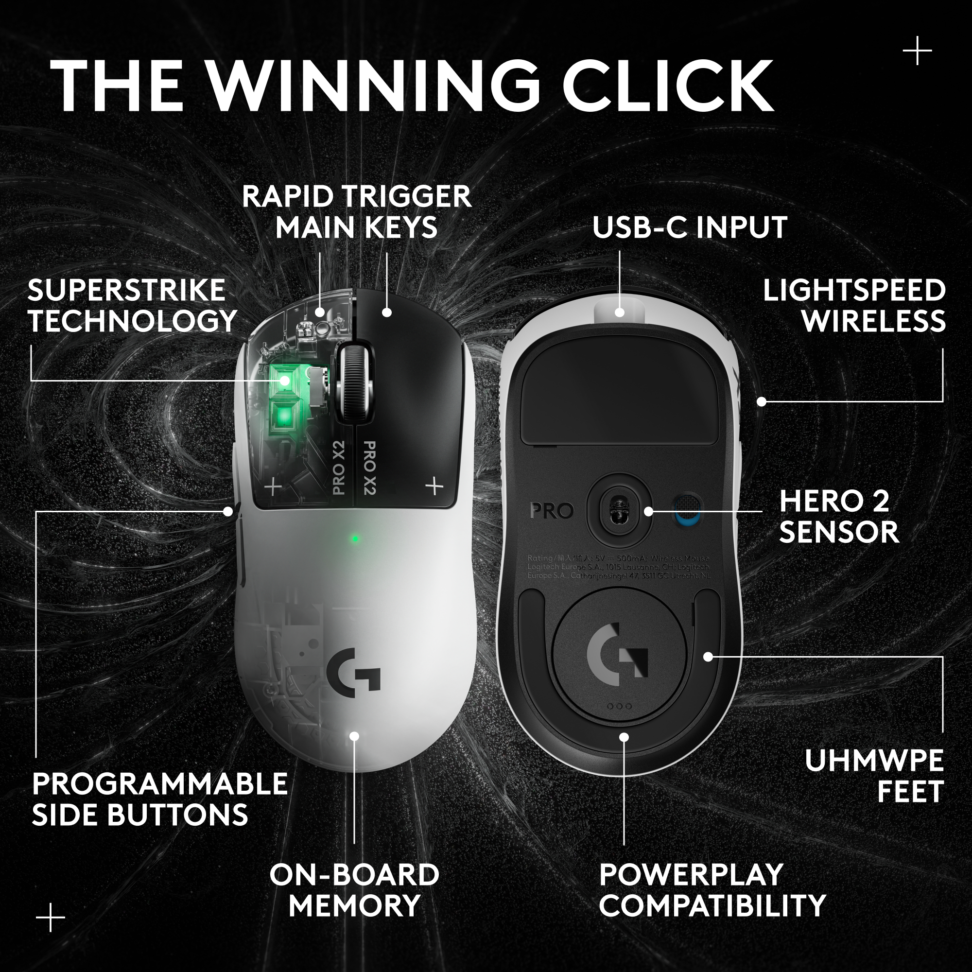 Deux souris Logitech G Pro X2, vues avant et arrière, avec étiquettes.