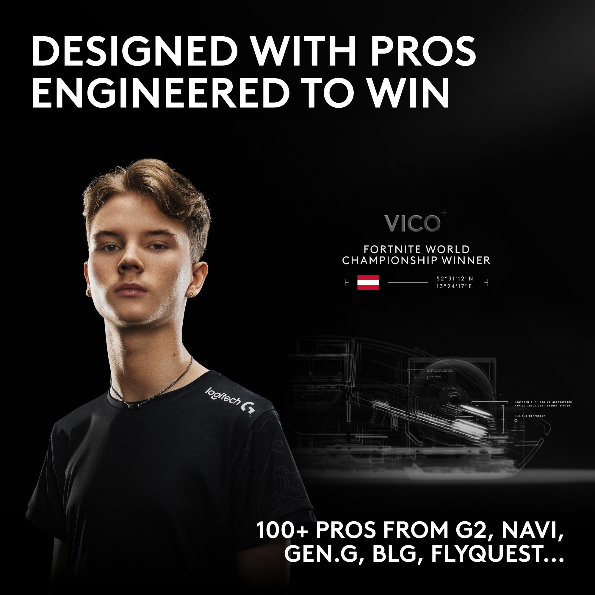 Un jeune homme en tenue Logitech, « Vico Champion du Monde Fortnite », coordonnées.