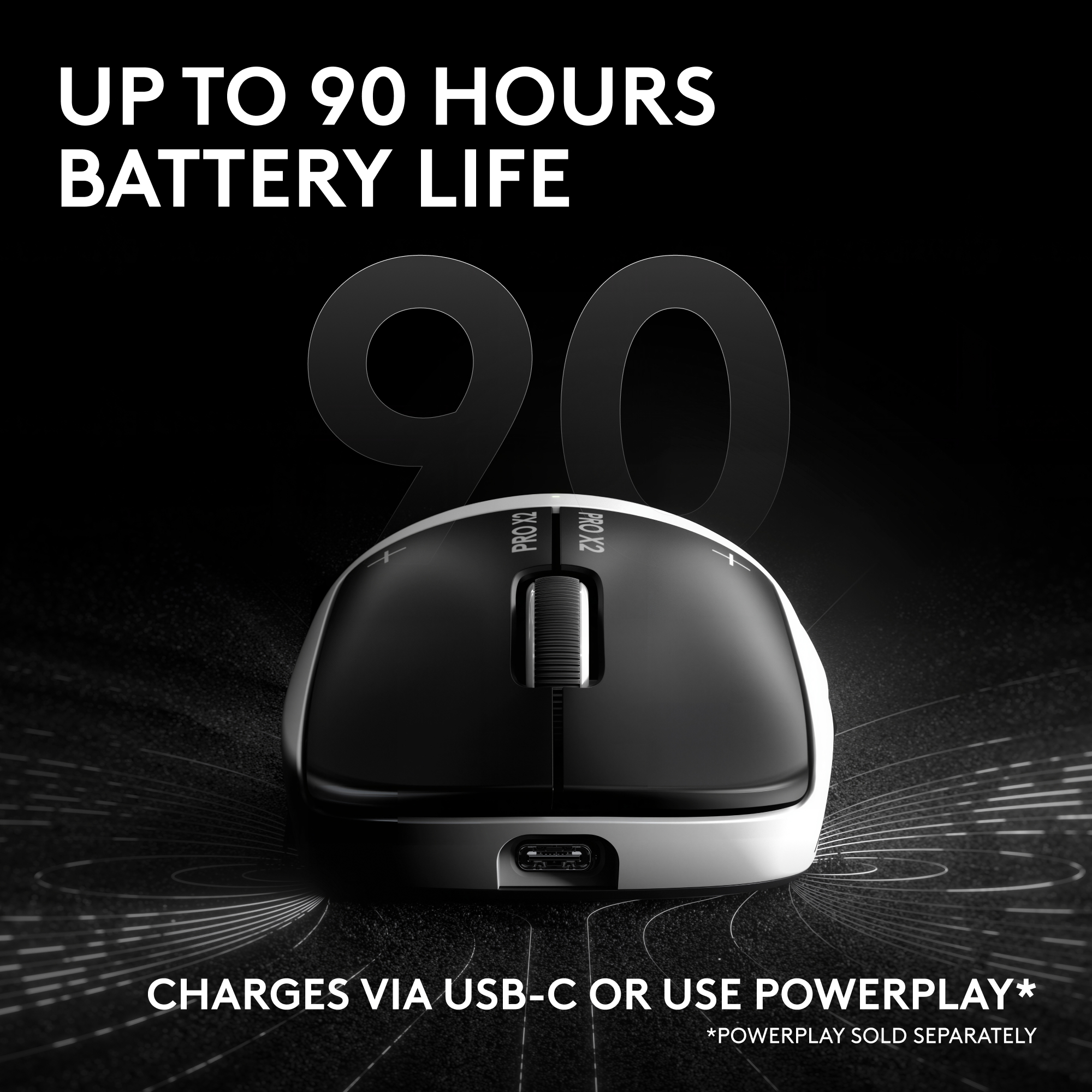 Souris noire avec logo "PRO X2", se charge via USB-C ou Powerplay.