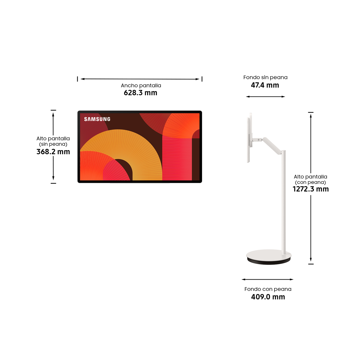 Pantalla Samsung con dimensiones: ancho 628.3 mm, alto (sin base) 368.2 mm.