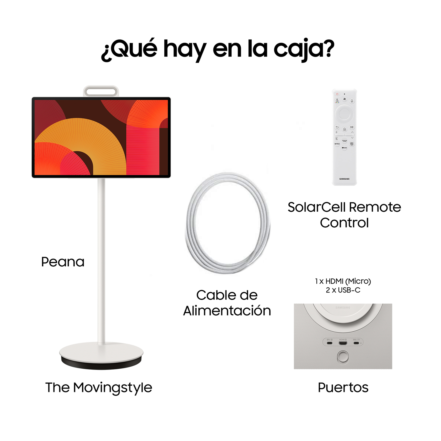 Un televisor con soporte, mando, cable y puertos. Diseño minimalista.