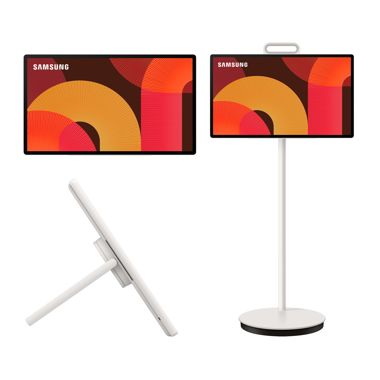 Una pantalla Samsung con diseño moderno, sobre un soporte y separada.