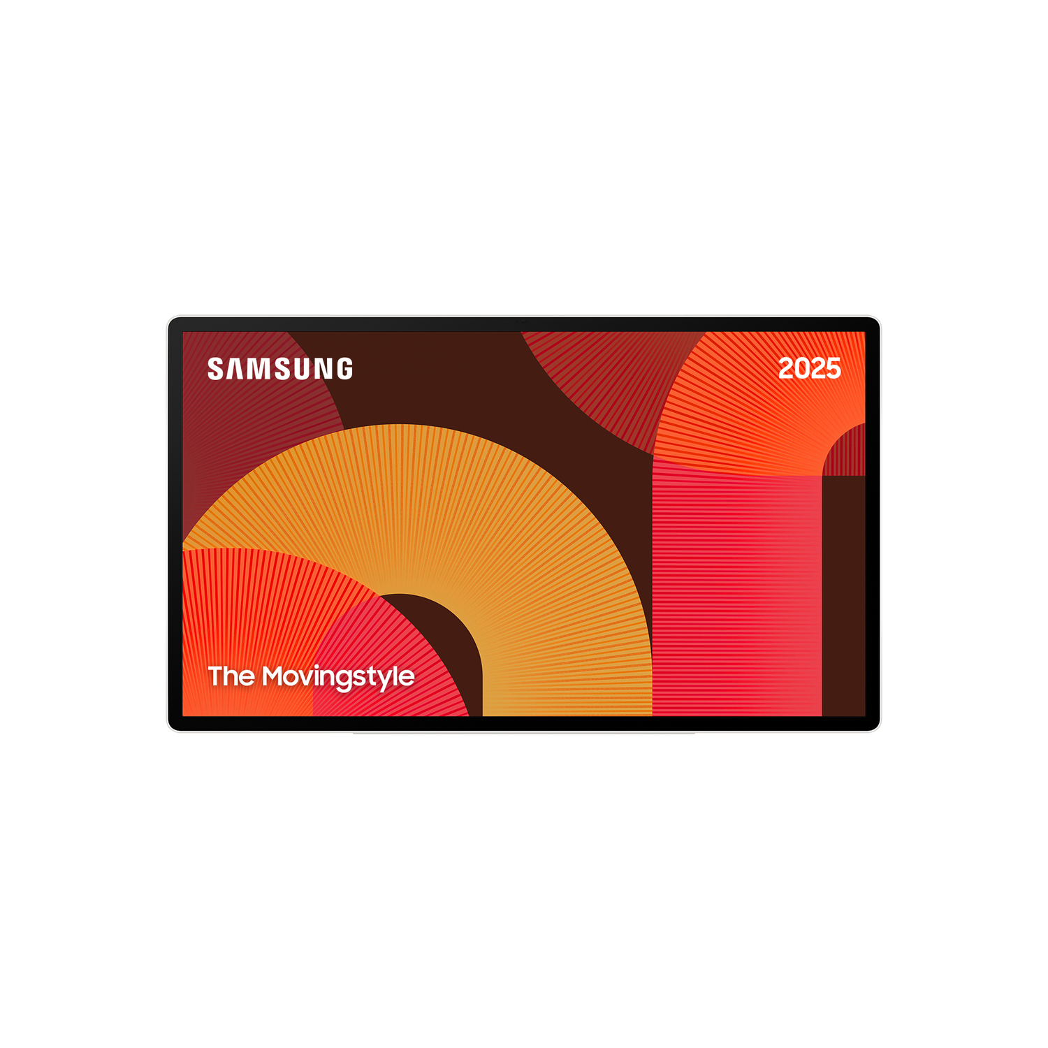 Pantalla Samsung con patrón geométrico en naranja, rojo y marrón. Texto: 2025.