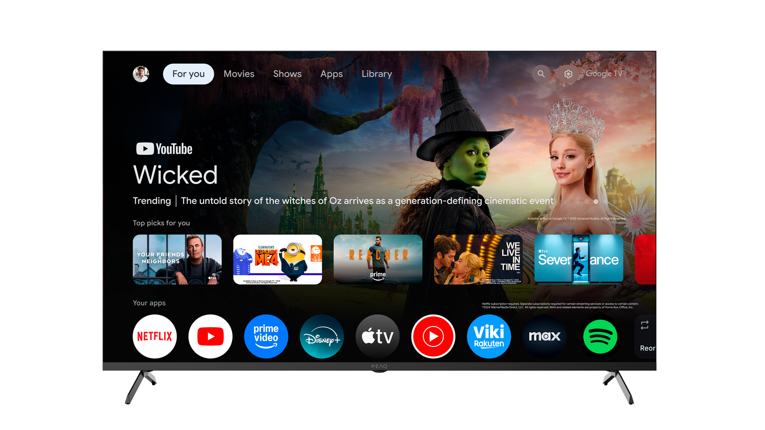 Pantalla de inicio de Google TV con selecciones de películas y aplicaciones.