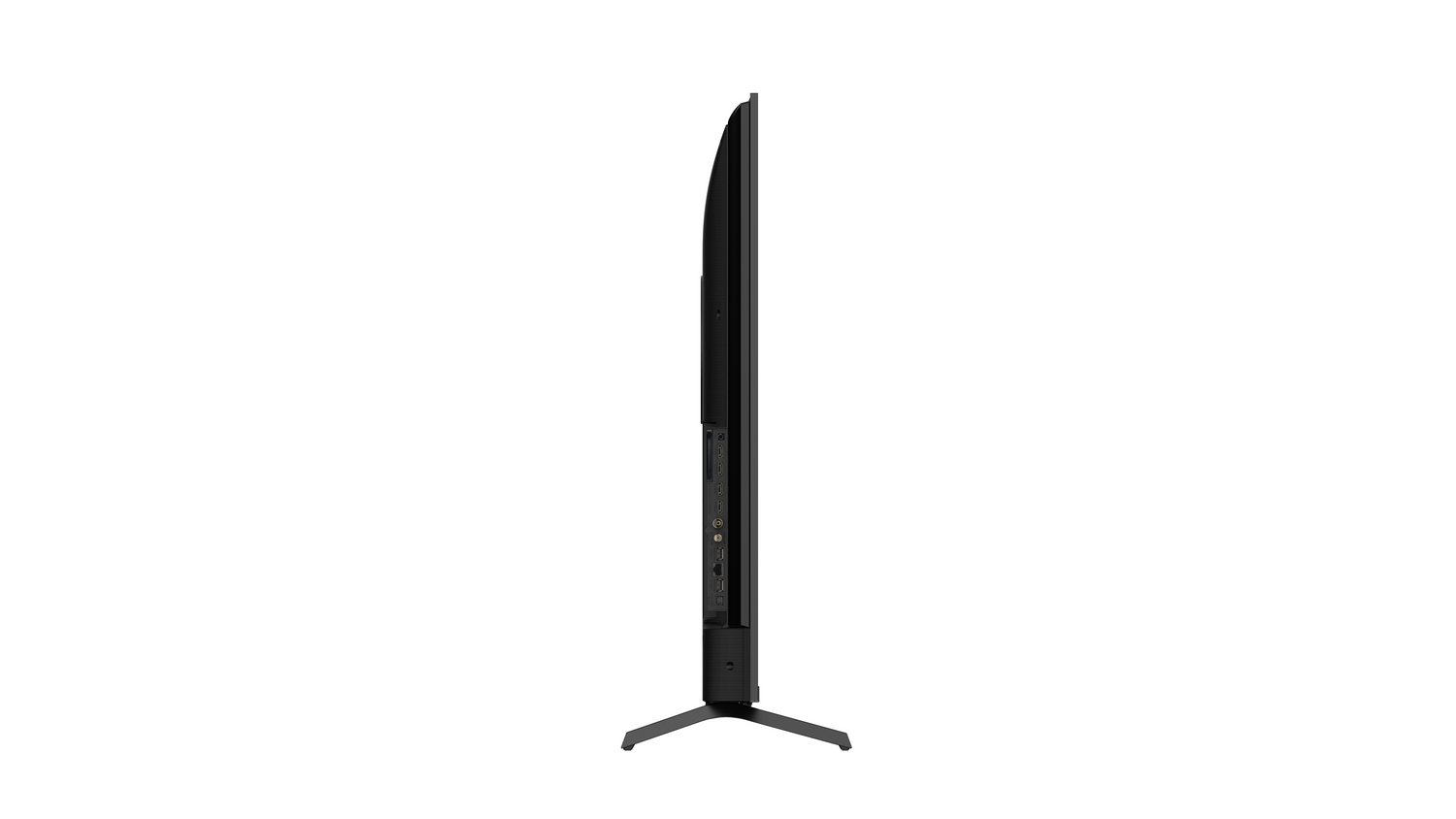Televisor negro con bisel fino y soporte, visto de lado.
