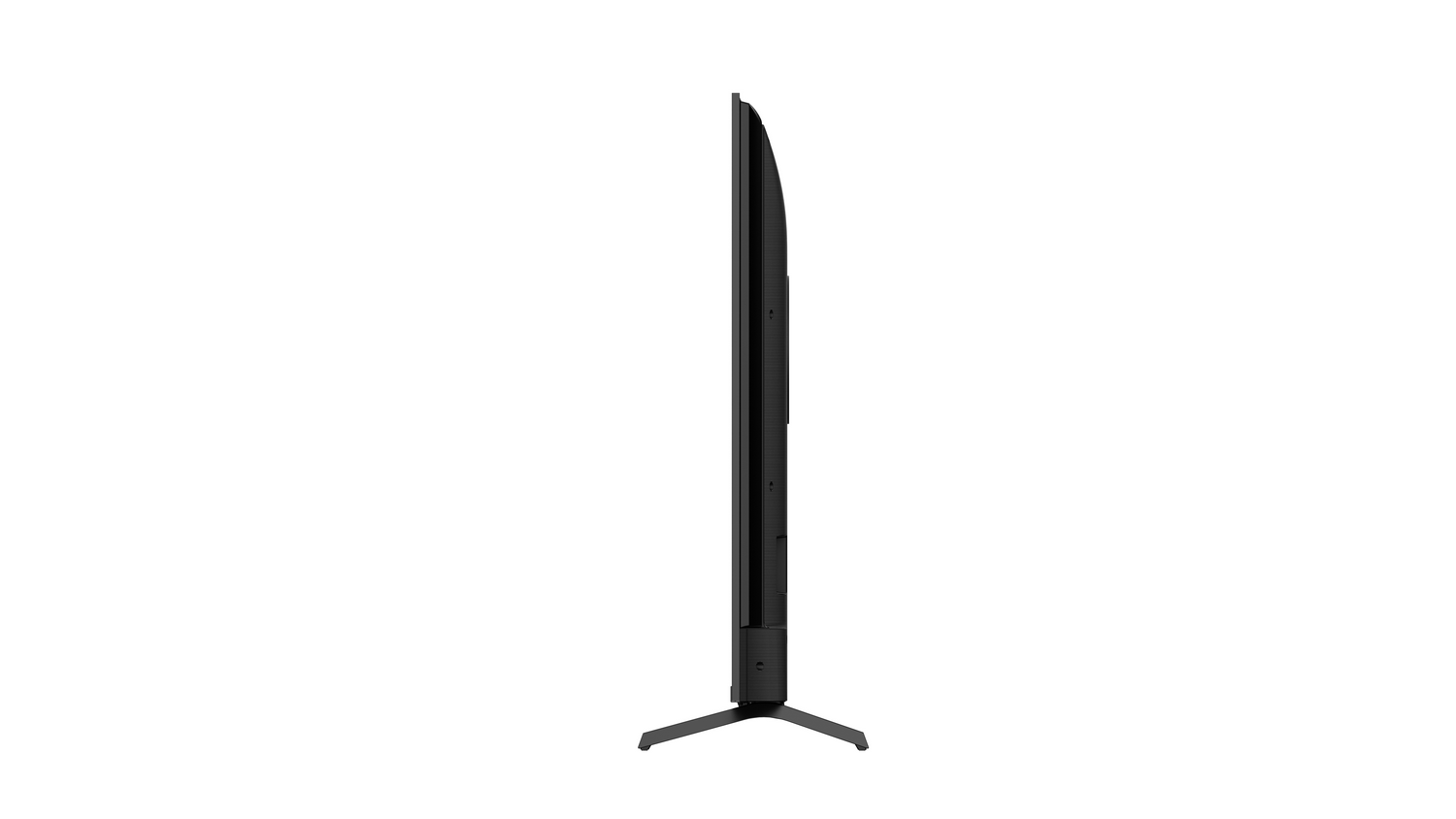 Vista lateral de un televisor negro delgado con un soporte estrecho.