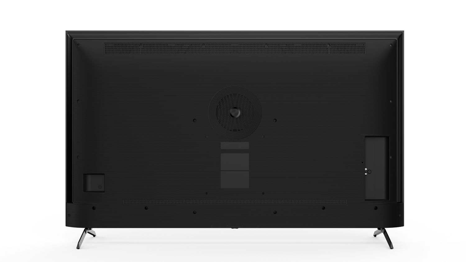 La parte trasera de un televisor negro con pies plateados.