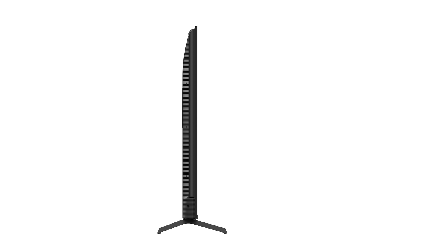 Un televisor negro con bisel fino, visto de lado sobre un soporte.