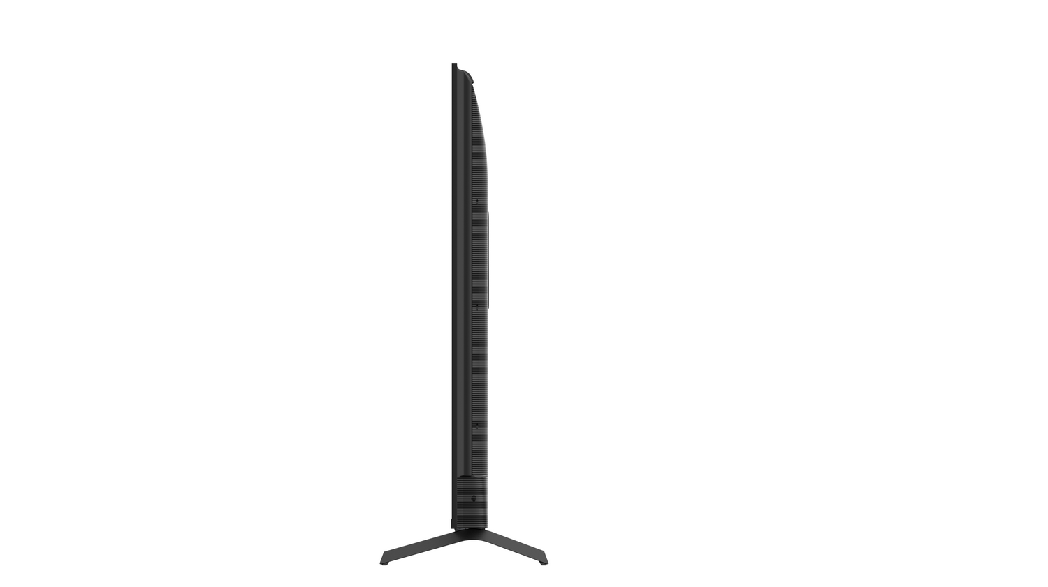 Televisor negro de pantalla plana con soporte, visto de lado.