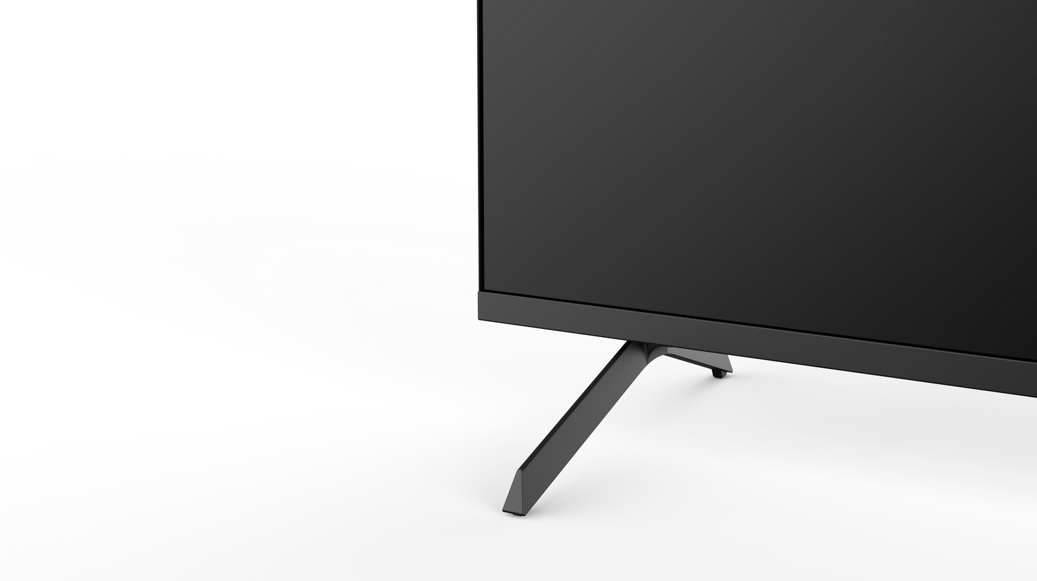 Primer plano de un televisor negro con un solo soporte sobre fondo blanco.