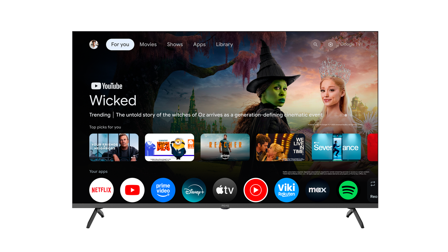 La pantalla de inicio de Google TV muestra el póster de 'Wicked' con una bruja verde y una princesa.