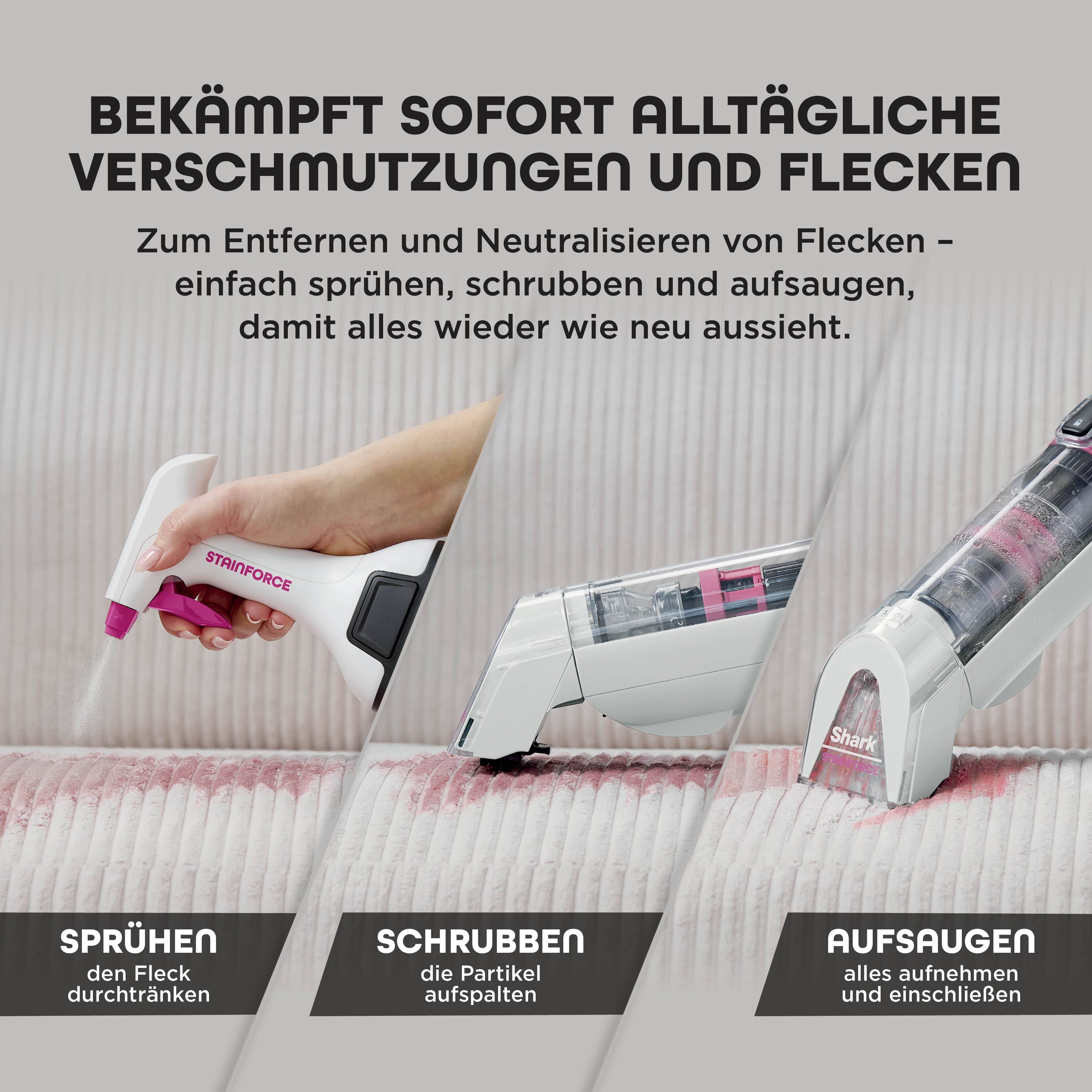 Drei Schritte zur Fleckenentfernung: Sprühen, Schrubben, Aufsaugen.