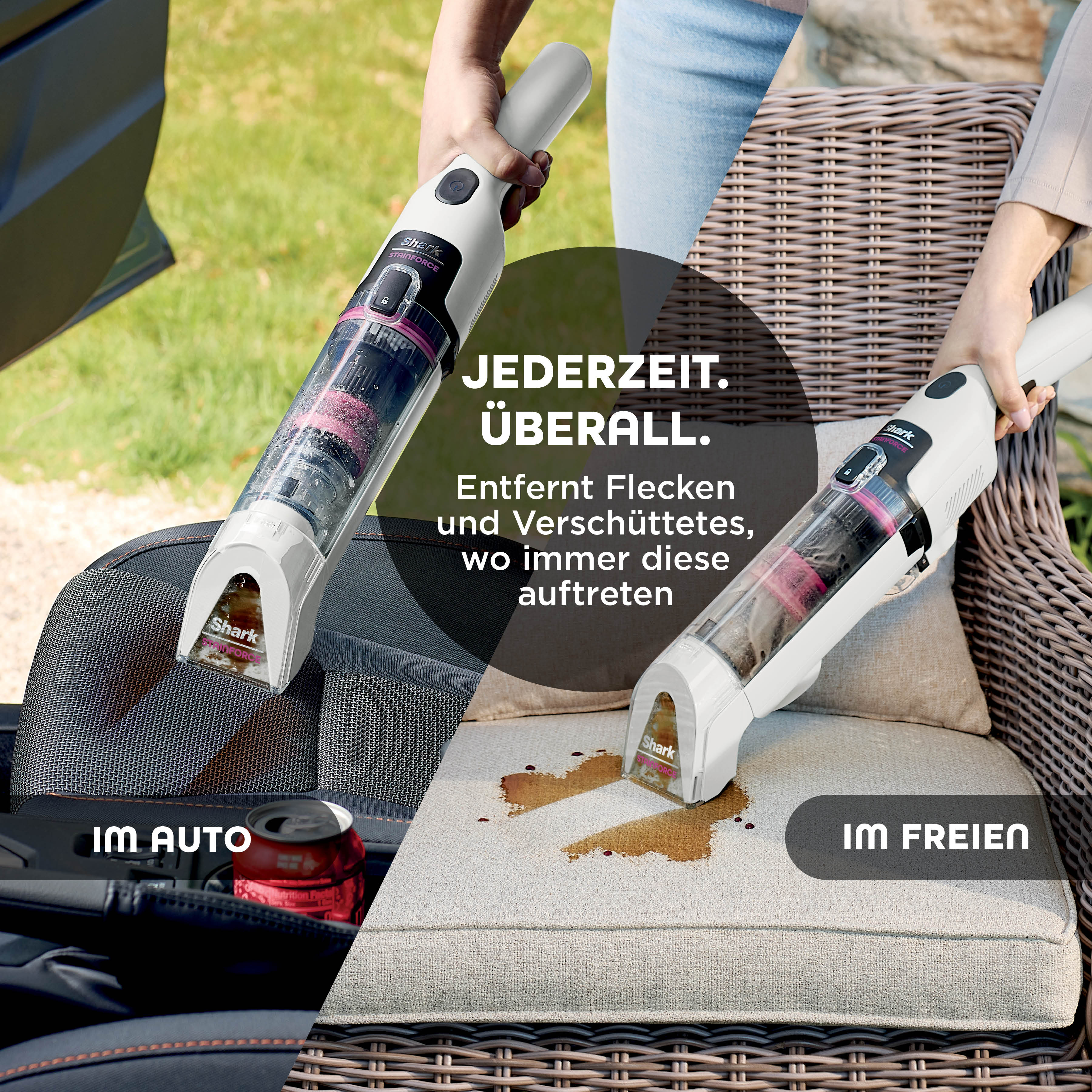 Ein Handgerät reinigt Flecken im Auto und auf Gartenmöbeln.