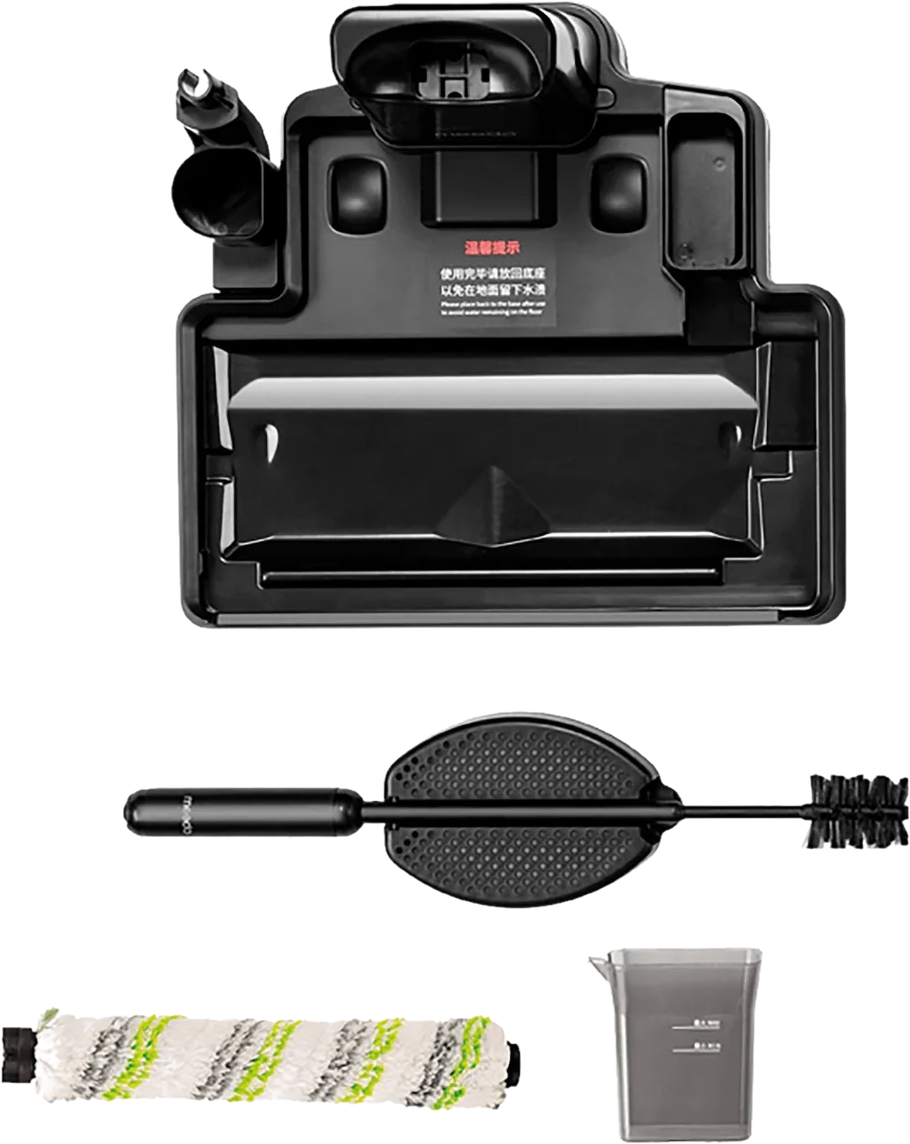 Pièces noires aspirateur : bac, rouleau brosse, brosse nettoyage, et réservoir d'eau.