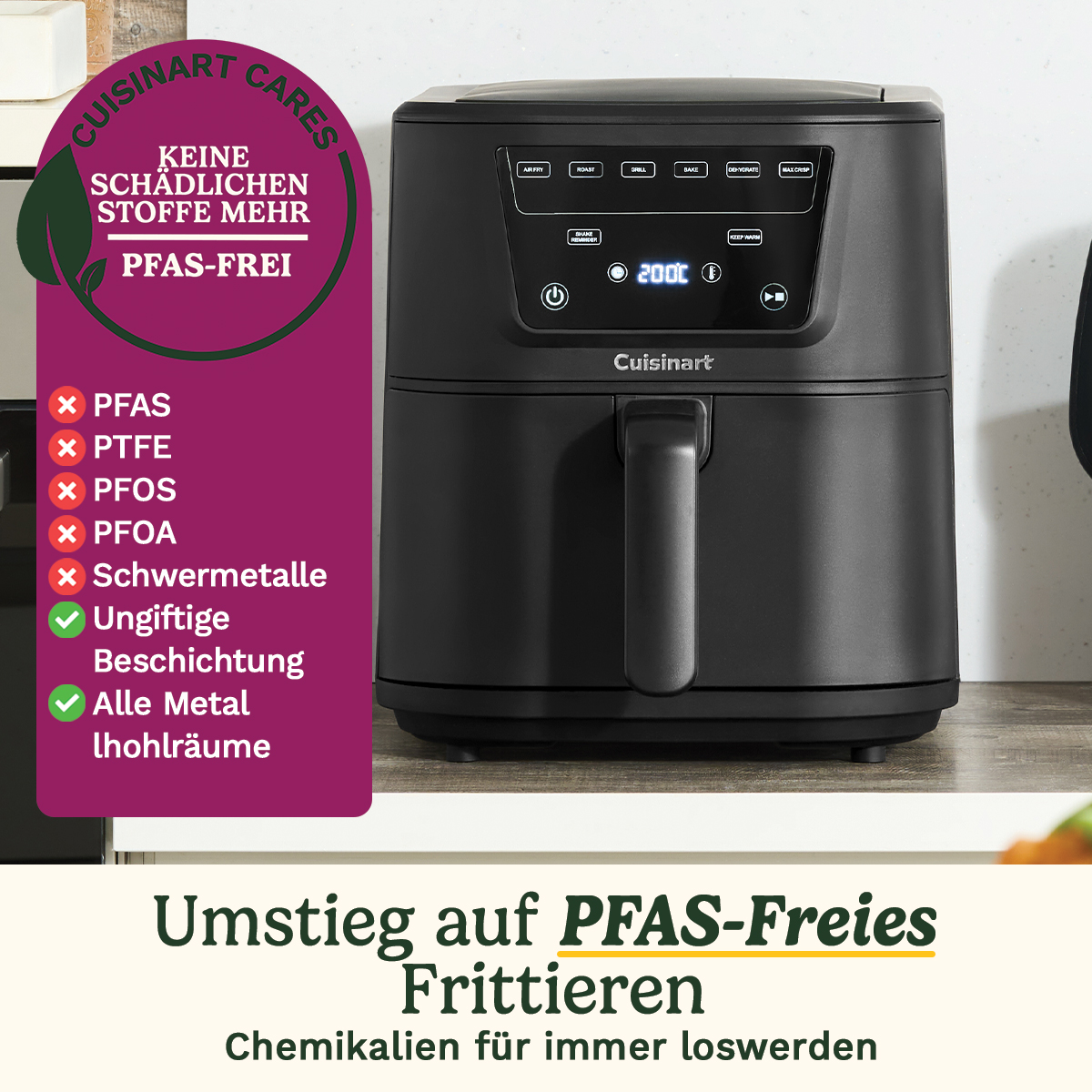Friggitrice ad aria Cuisinart nera con pannello di controllo e diciture PFAS-free.